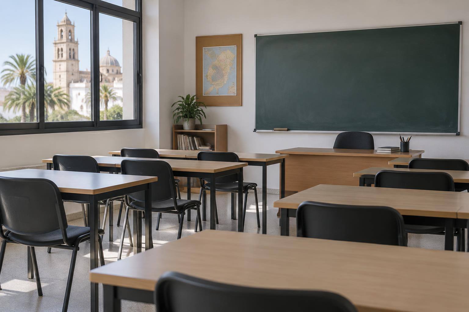 Imagen ilustrativa: Aula de formación para adultos vacía, con mesas, sillas y una pizarra, sin personas ni logotipos reconocibles
