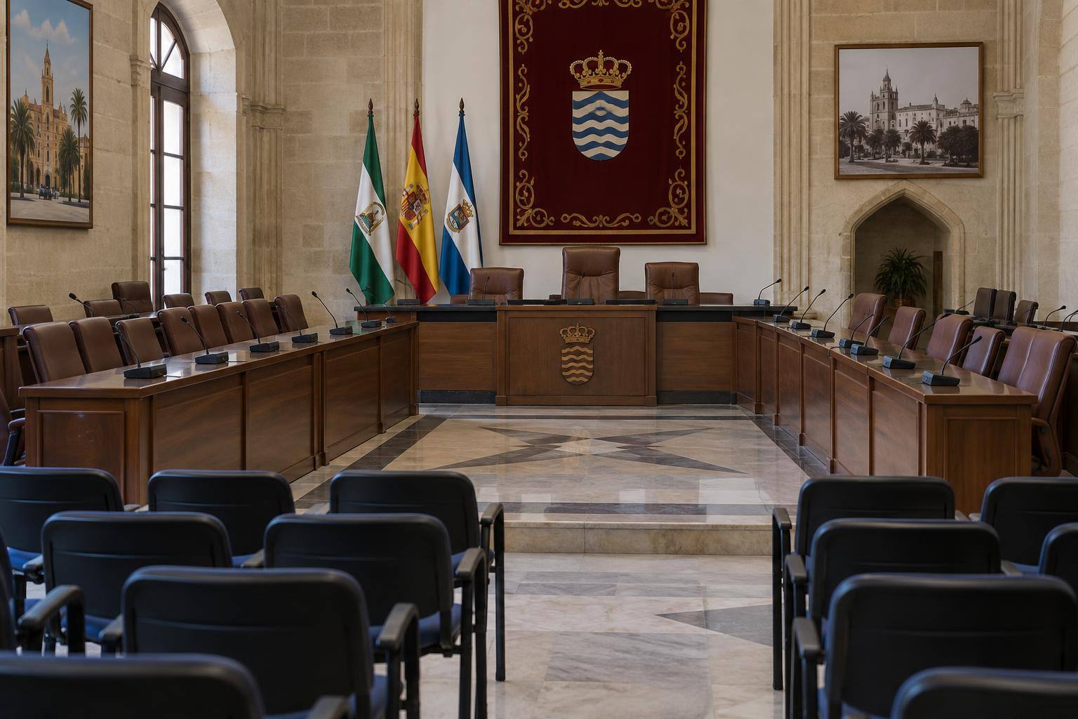 Imagen ilustrativa: salón de plenos municipal vacío, con micrófonos en los escaños y asientos destinados al público