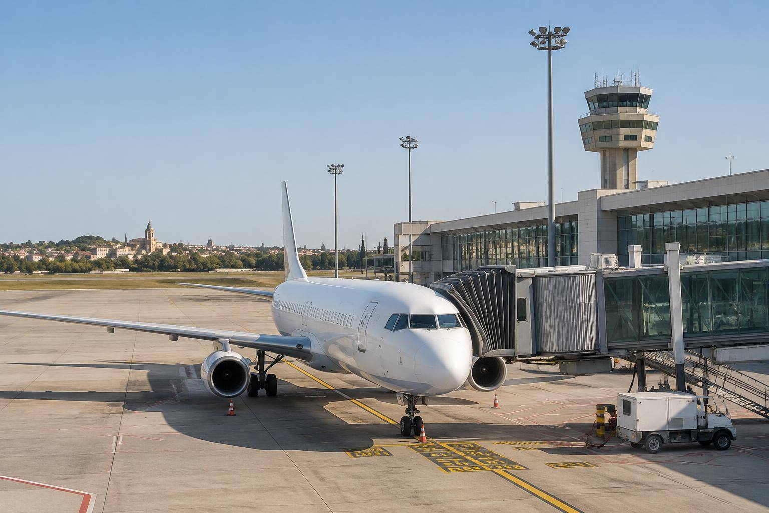 Imagen ilustrativa: Avión regional estacionado en la plataforma de un aeropuerto, junto a una terminal, sin personas reconocibles.