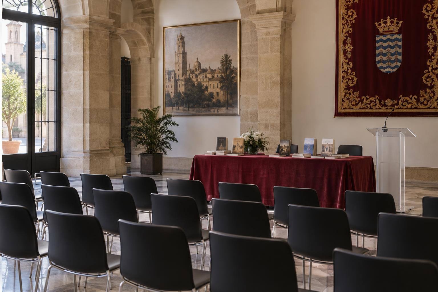 Imagen ilustrativa: Salón cultural con filas de sillas vacías y una mesa con libros junto a un atril, sin personas.