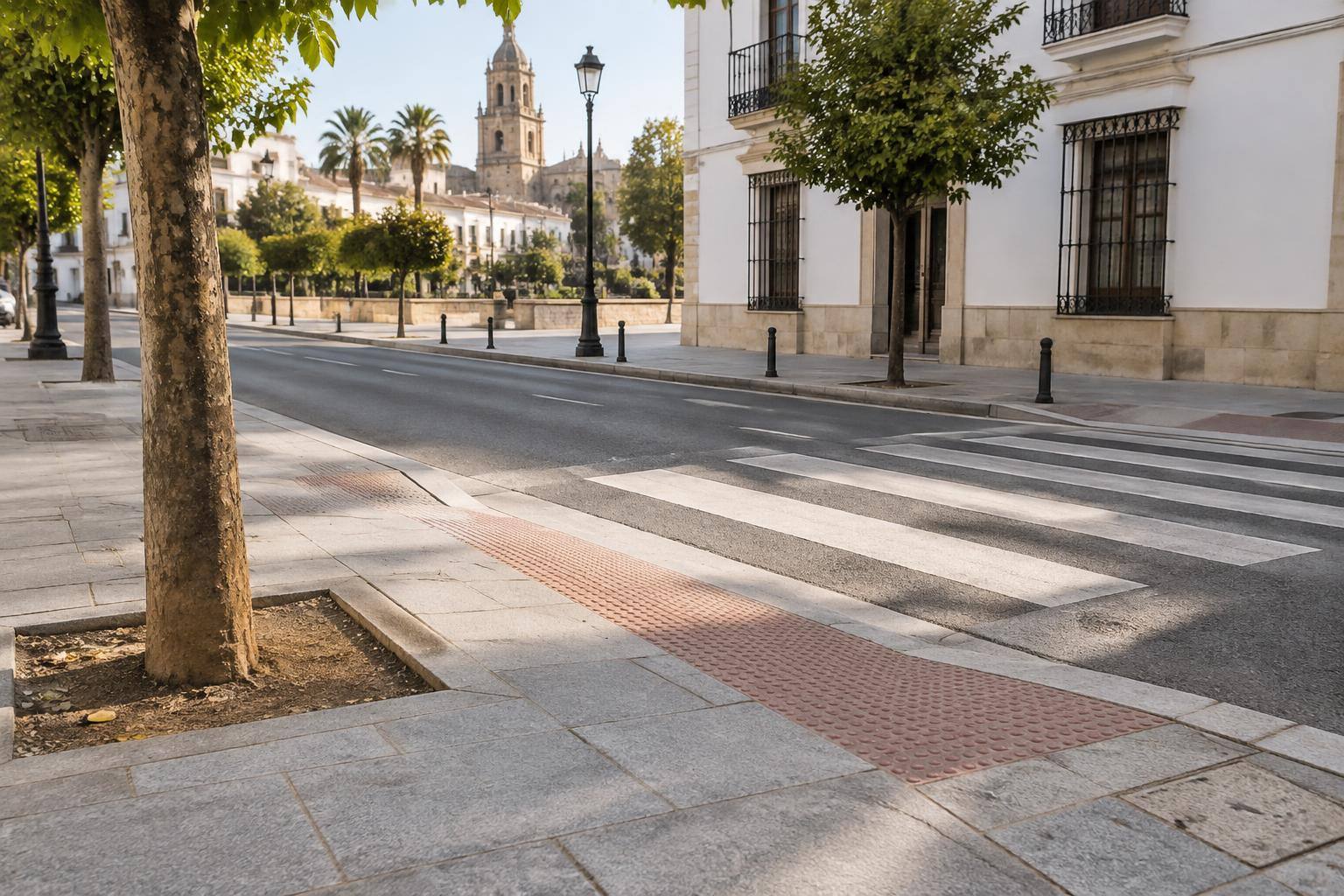 Imagen ilustrativa: Acera urbana con alcorques, un paso de peatones con bordillo rebajado y pavimento táctil, sin personas reconocibles.