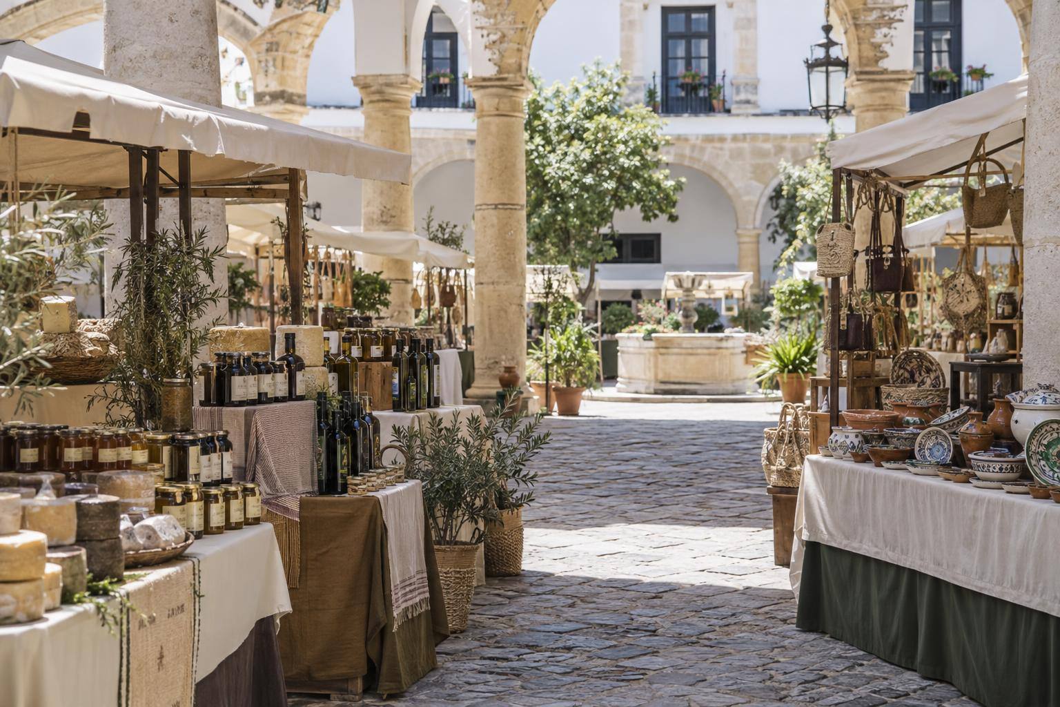 Imagen ilustrativa: Puestos de una feria de productos agroalimentarios y artesanía en un patio porticado, sin personas reconocibles.