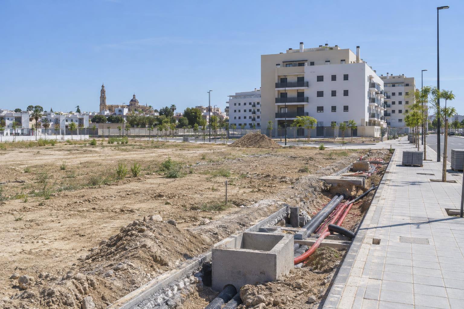 Imagen ilustrativa: Terrenos en urbanización junto a bloques de viviendas, con aceras y canalizaciones en construcción, sin personas reconocibles