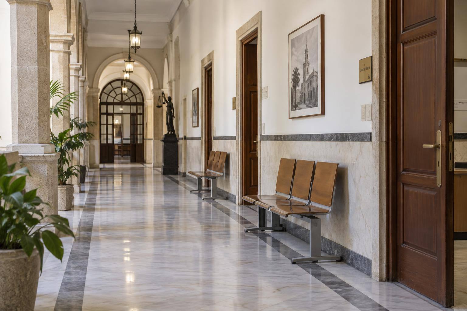 Imagen ilustrativa: Pasillo de un edificio judicial con puertas de oficinas y bancos de espera, sin personas reconocibles.