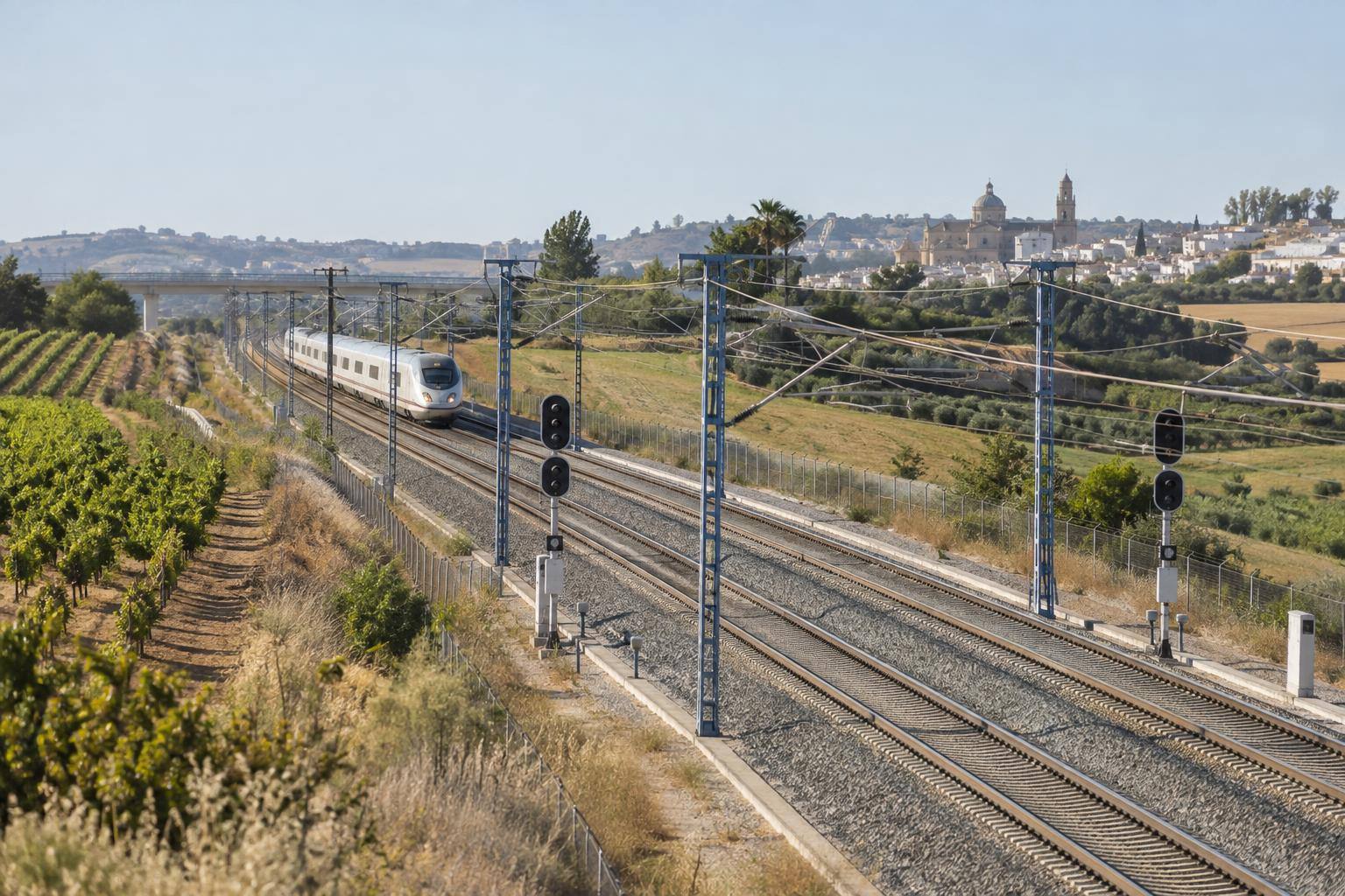 Imagen ilustrativa: Vías de alta velocidad con señales ferroviarias y catenarias en un entorno rural, sin personas reconocibles.