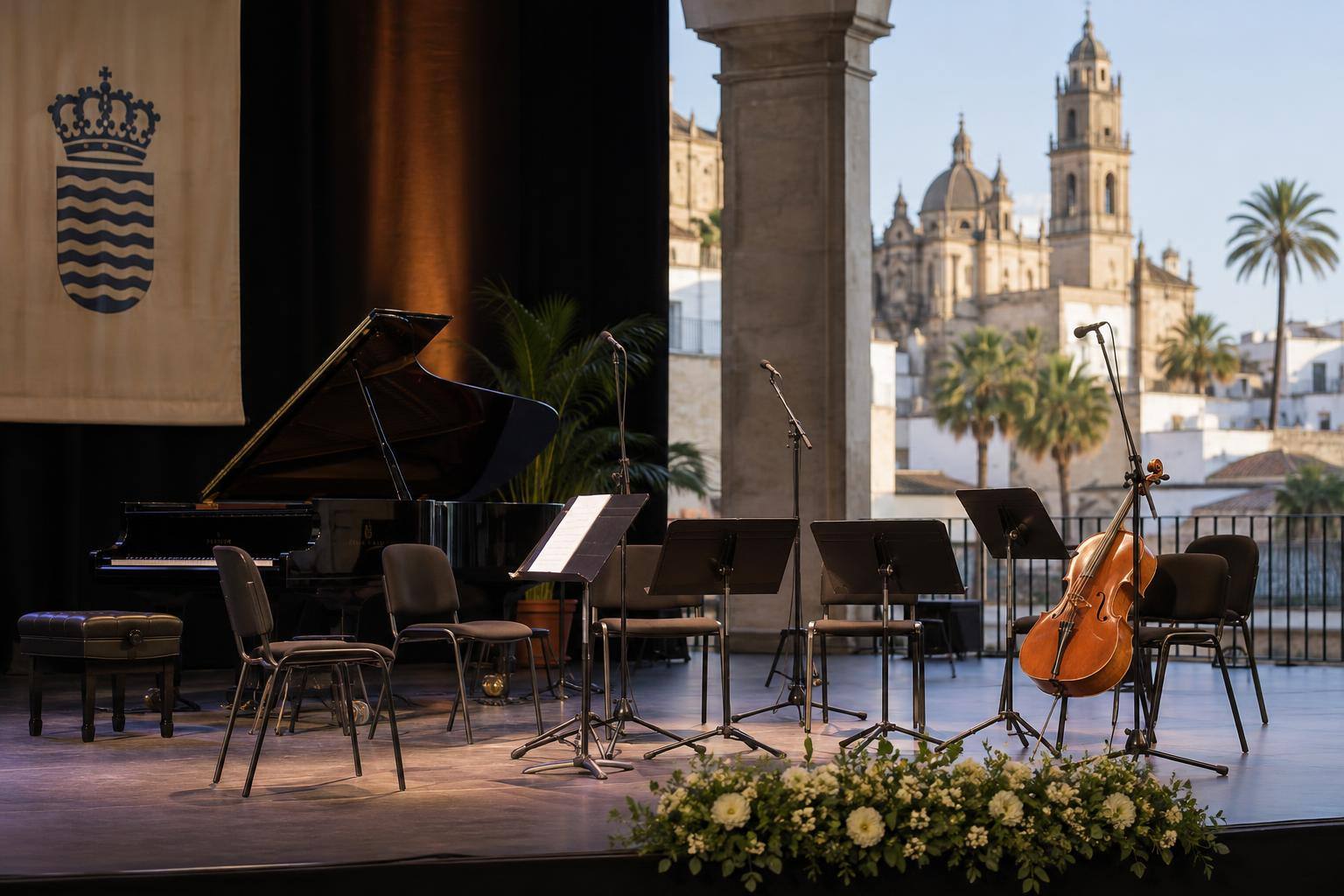 Imagen ilustrativa: Escenario de un auditorio con atriles, instrumentos de cámara y micrófonos, sin personas reconocibles.