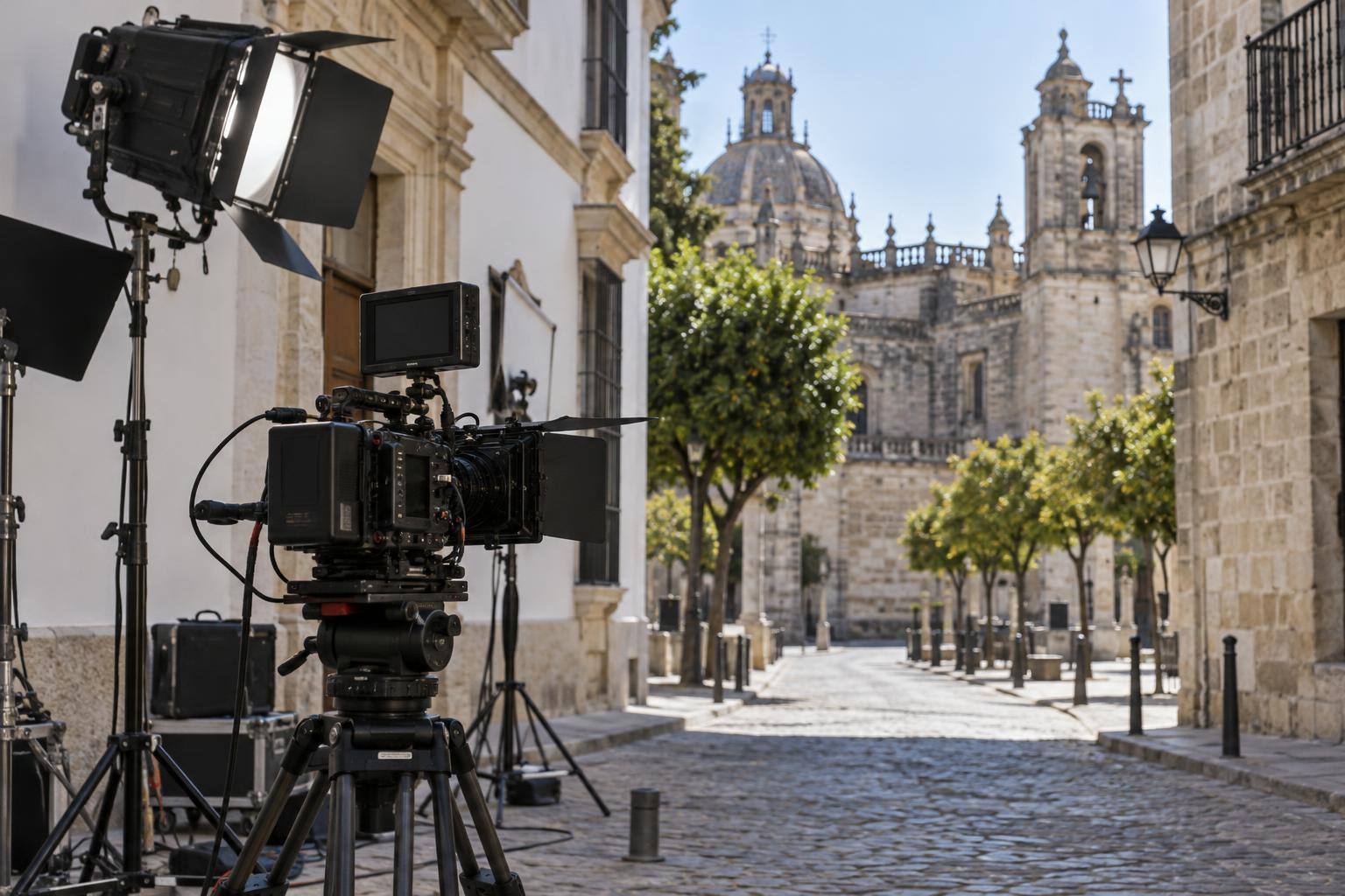 Imagen ilustrativa: Cámara de cine sobre un trípode y equipo de iluminación en una calle de un casco histórico andaluz, sin personas reconocibles.