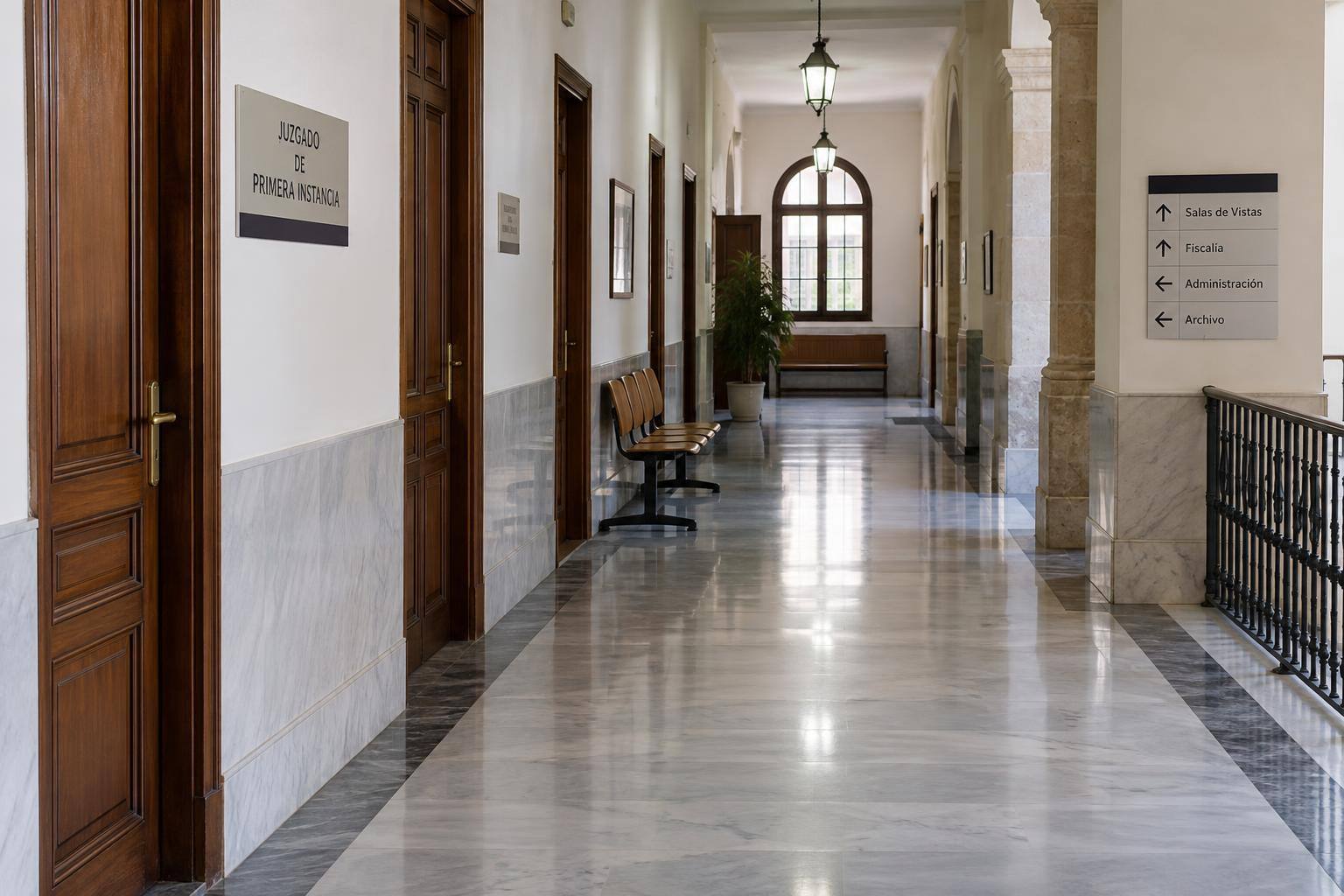 Imagen ilustrativa: Pasillo interior de un edificio judicial con puertas de oficinas y señalización, sin personas reconocibles