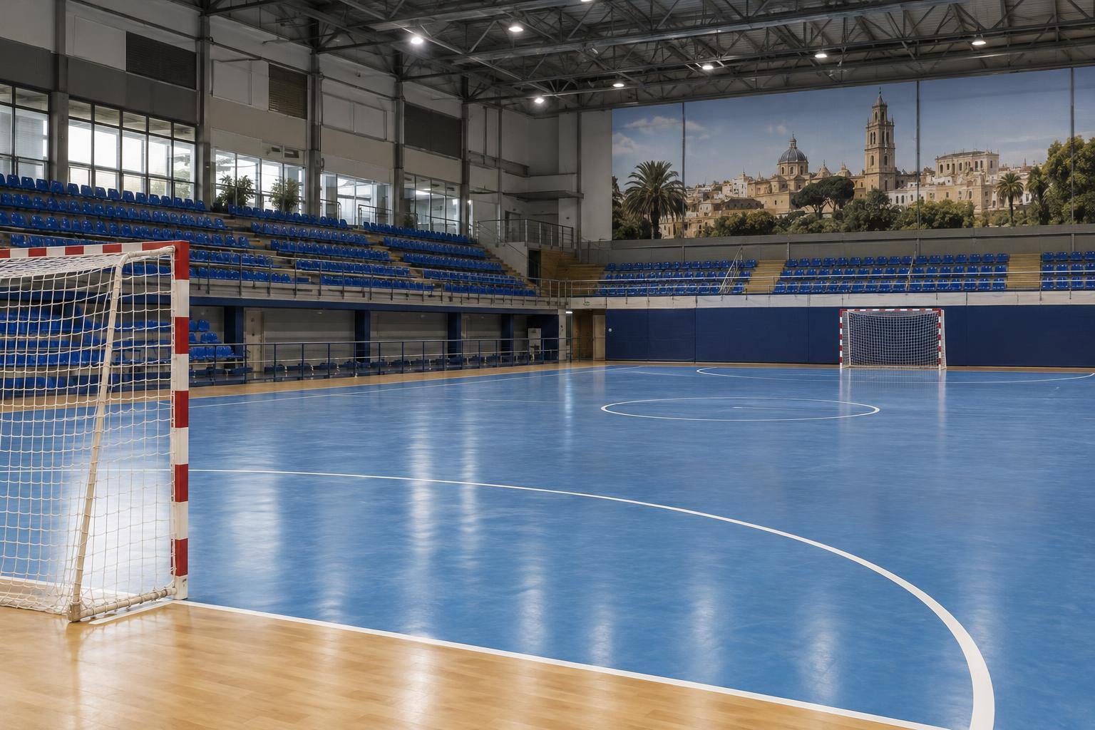 Imagen ilustrativa: Pista cubierta de fútbol sala con porterías y gradas, sin personas reconocibles.
