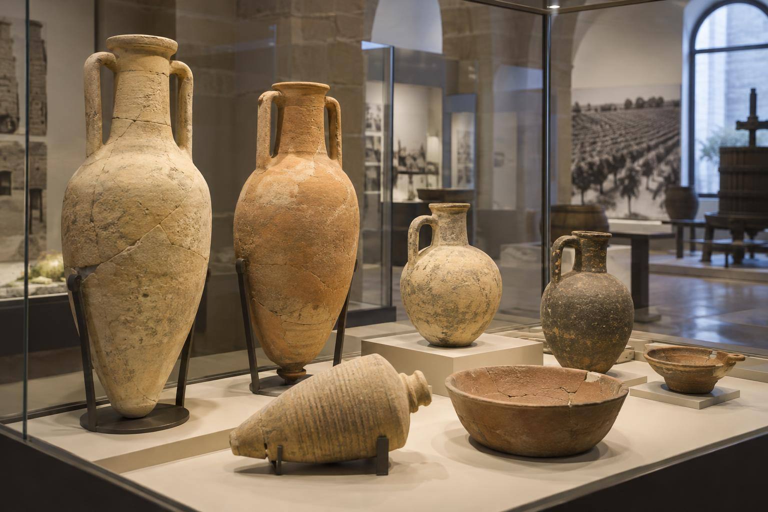 Imagen ilustrativa: Vitrina de un museo arqueológico con ánforas y recipientes cerámicos relacionados con la conservación de alimentos y vino, sin personas.