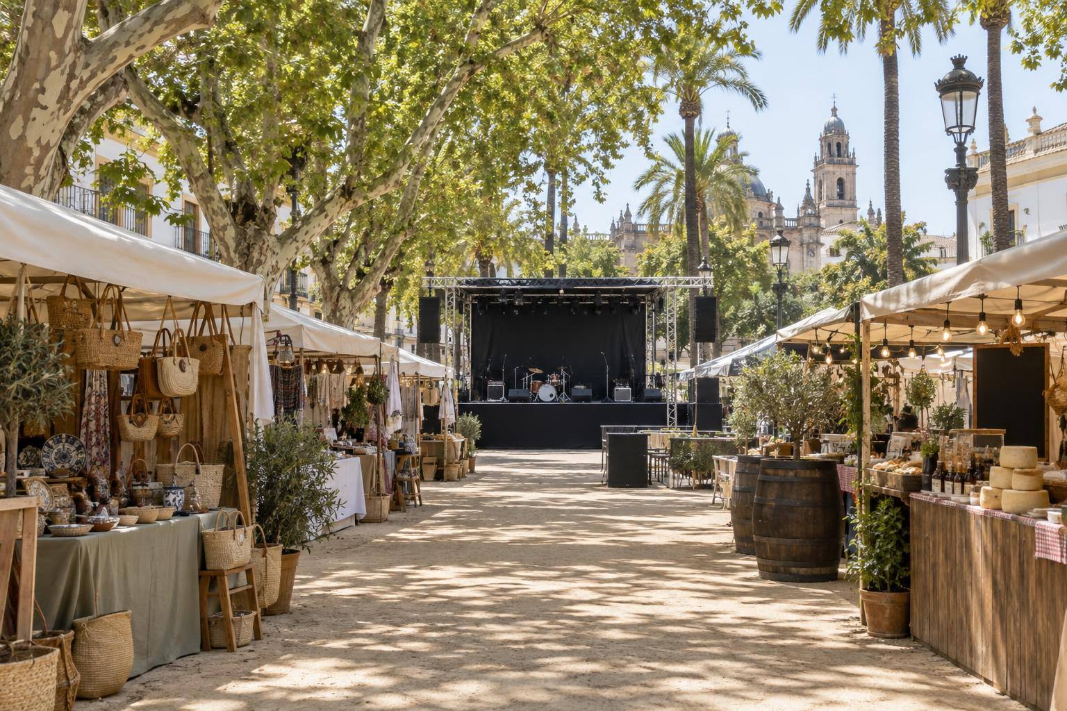 Imagen ilustrativa: Puestos de artesanía y gastronomía en una alameda arbolada, con un escenario musical al fondo y sin personas reconocibles.