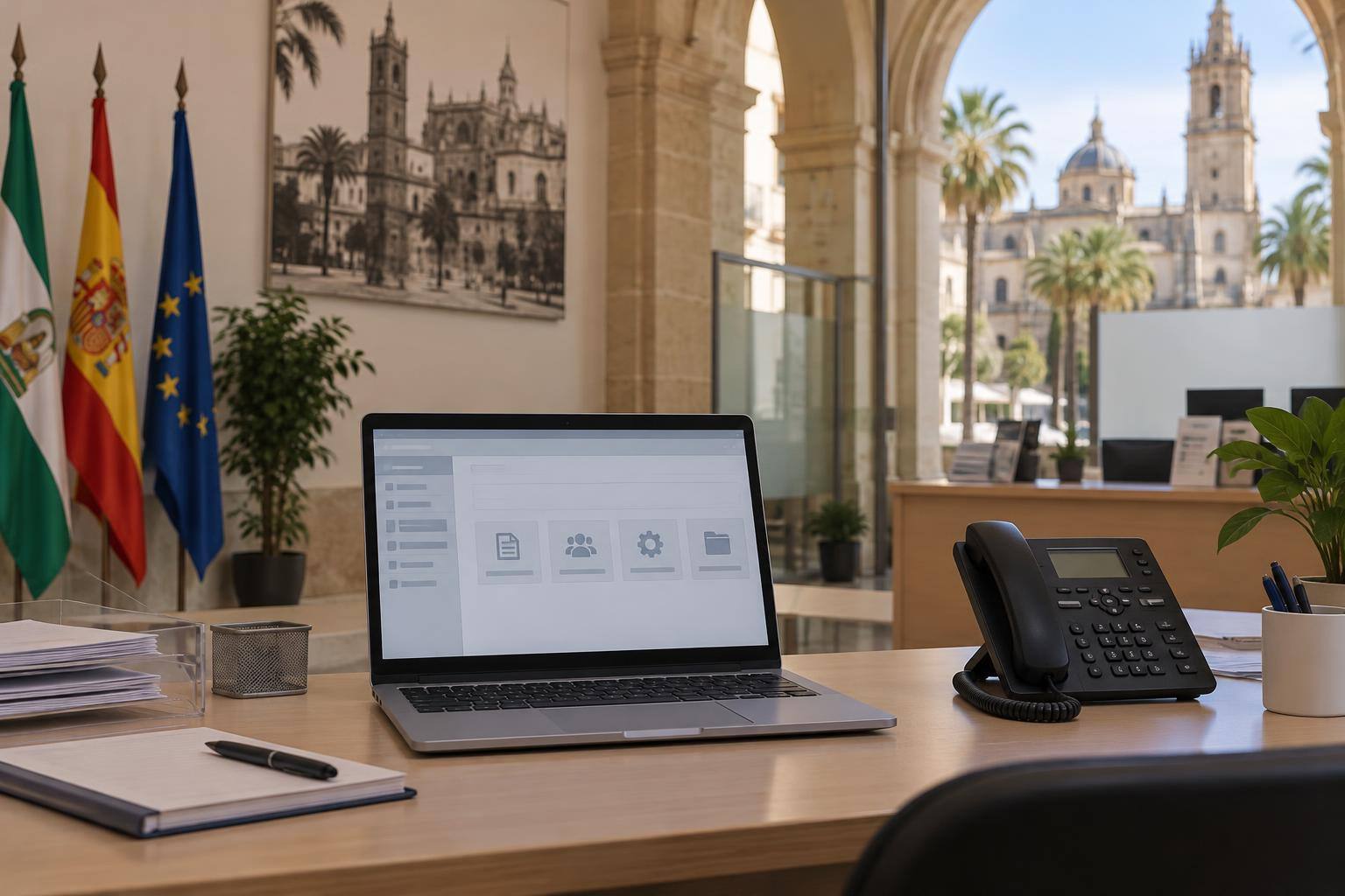 Imagen ilustrativa: Ordenador y teléfono móvil sobre una mesa de atención administrativa, con pantallas sin datos personales y sin personas reconocibles