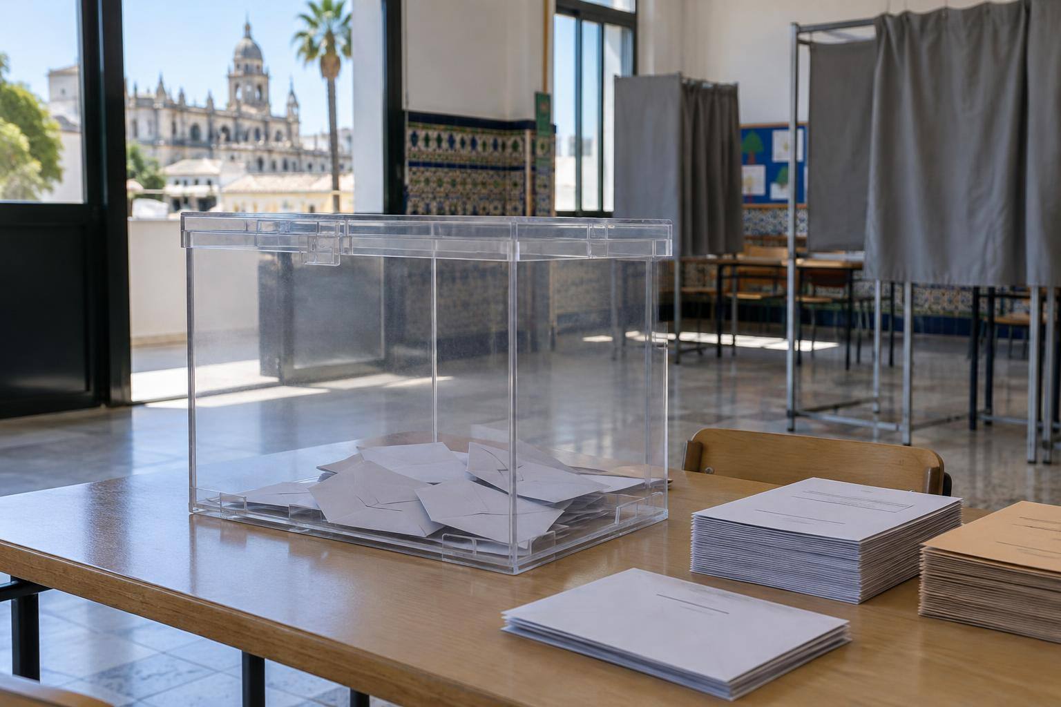 Imagen ilustrativa: Urna electoral transparente sobre una mesa, junto a sobres y papeletas sin nombres legibles, en un colegio electoral vacío