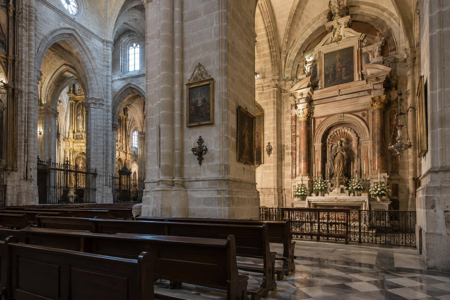 Imagen ilustrativa: Interior de una catedral con bancos y una capilla lateral, sin personas reconocibles.