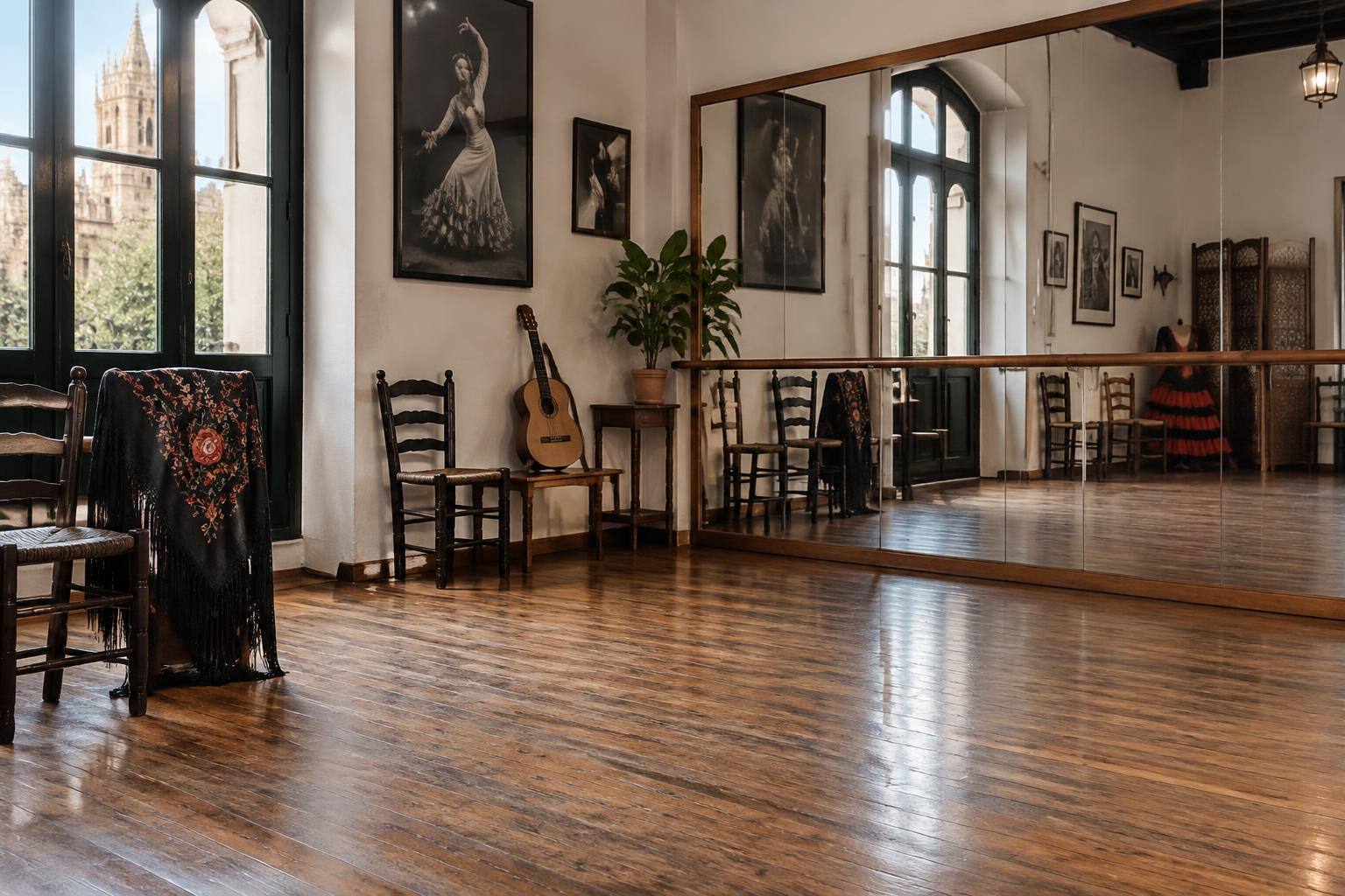 Imagen ilustrativa: Sala de ensayo de baile flamenco con suelo de madera, espejos y sillas, sin personas.