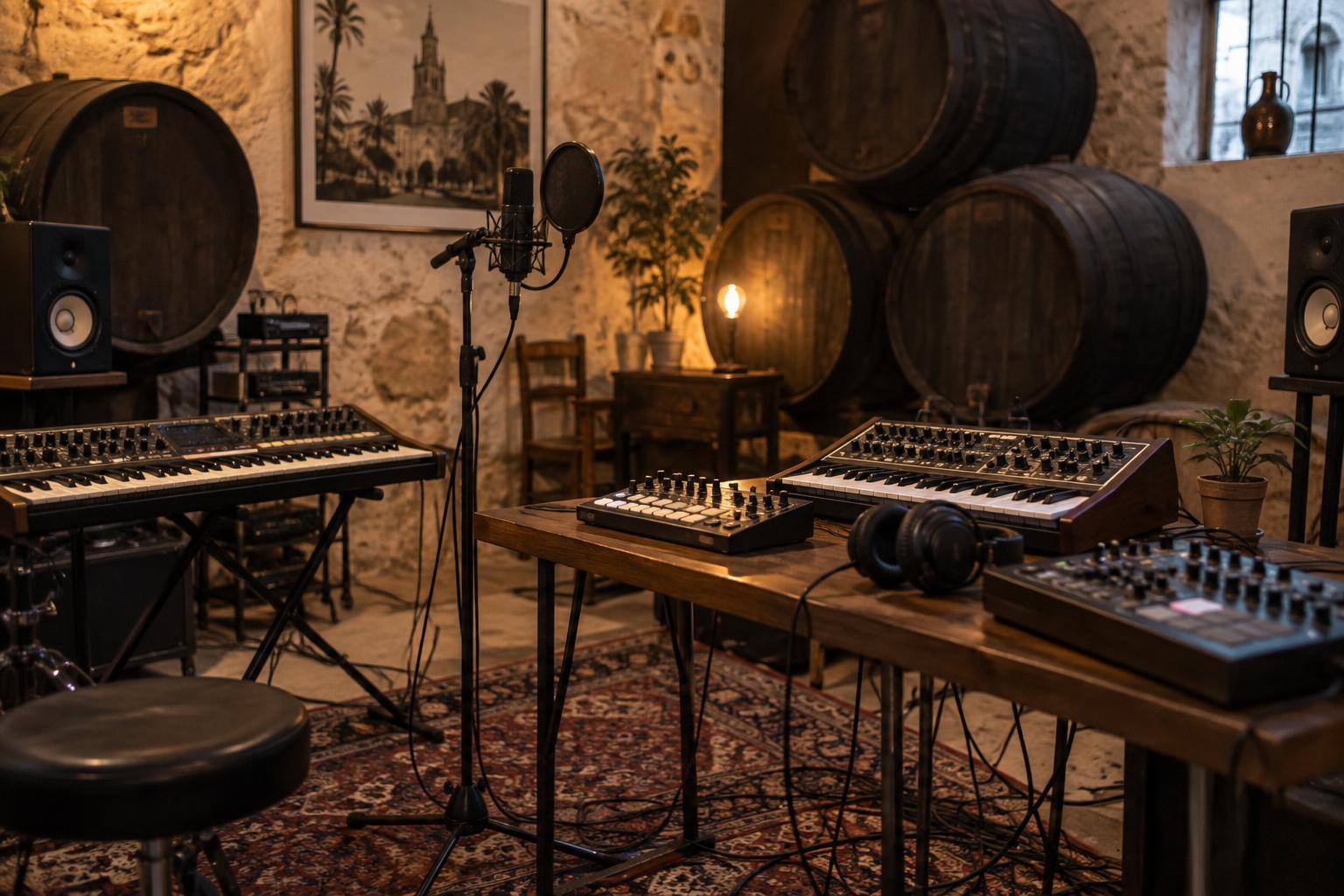 Imagen ilustrativa: Estudio de música con sintetizadores, caja de ritmos, micrófono y cables en un espacio de paredes de bodega, sin personas.