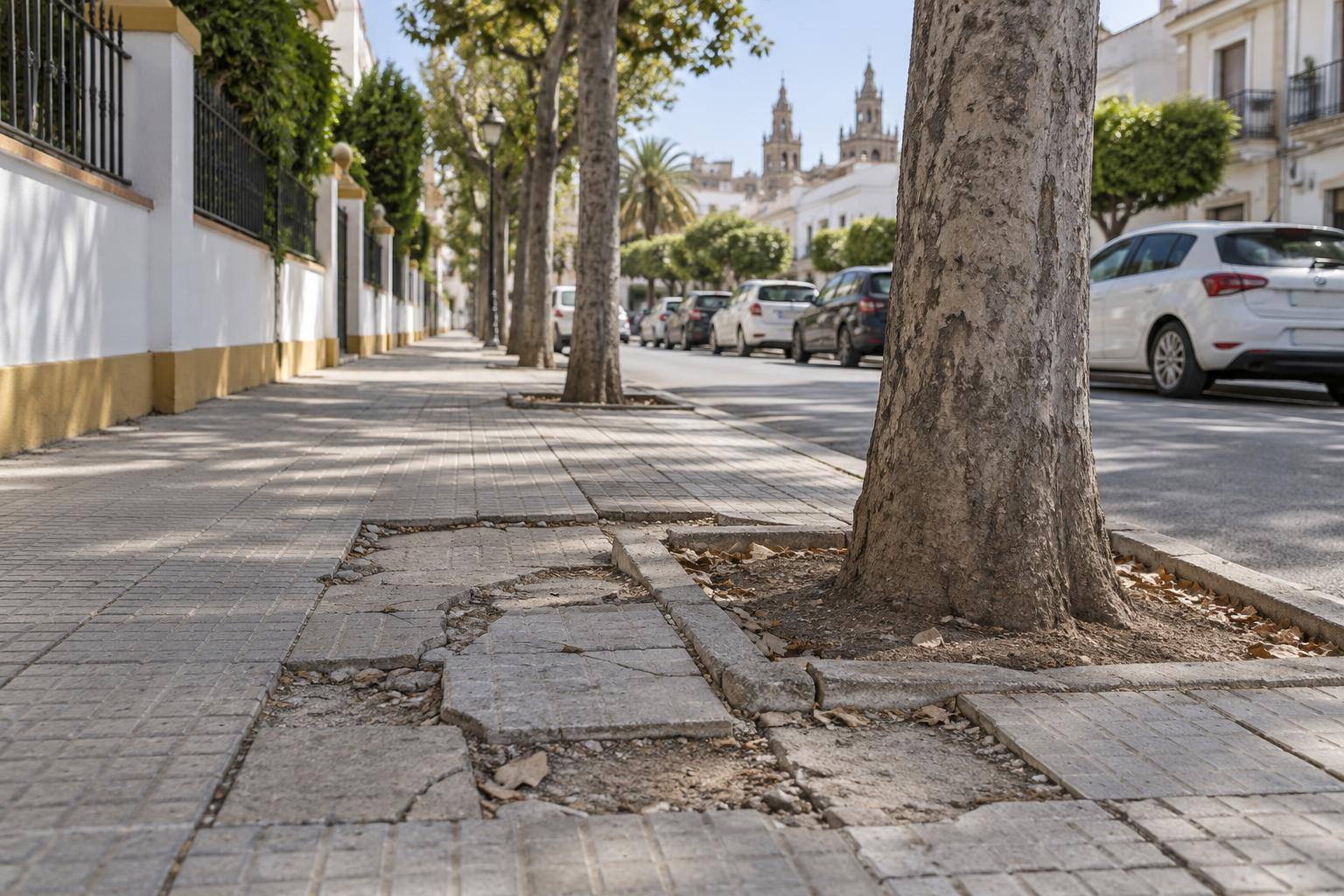 Imagen ilustrativa: Acera de una avenida residencial con pavimento deteriorado y alcorques junto a los árboles, sin personas reconocibles.