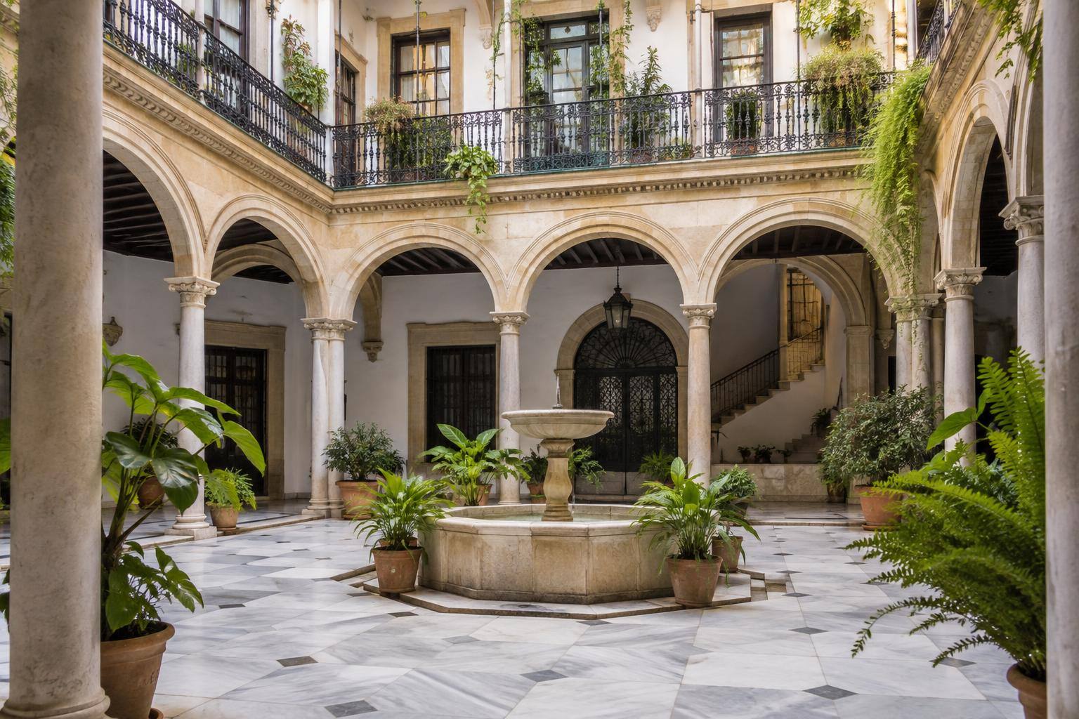 Imagen ilustrativa: Patio interior de una casa histórica andaluza de varias plantas, sin personas ni elementos identificativos.