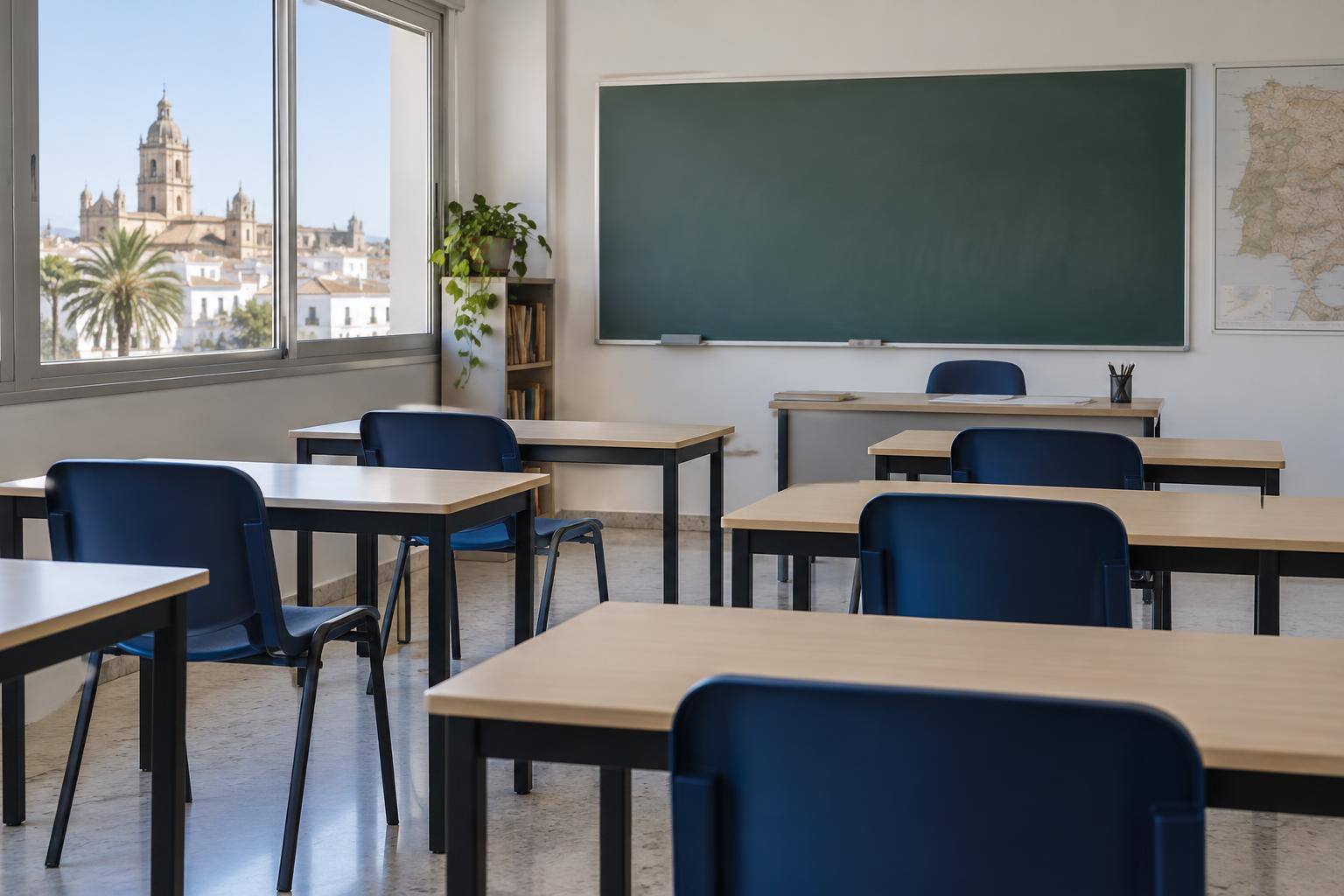 Imagen ilustrativa: Aula de formación con mesas, sillas y una pizarra, sin personas reconocibles.