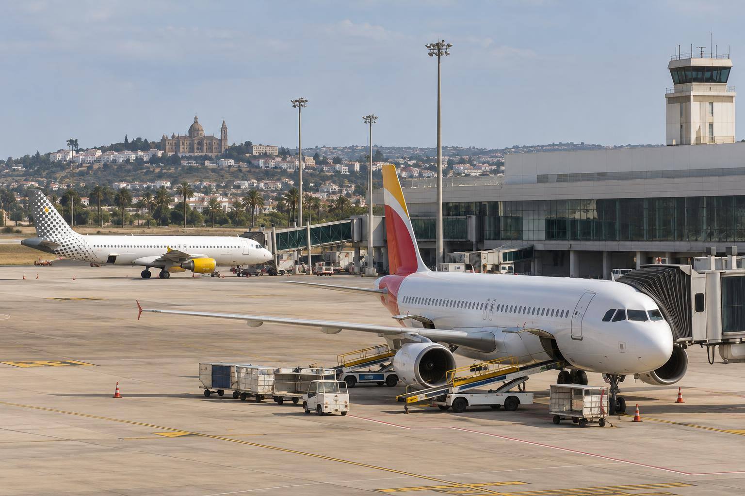 Imagen ilustrativa: Terminal de un aeropuerto con aviones comerciales estacionados en la plataforma, sin personas reconocibles