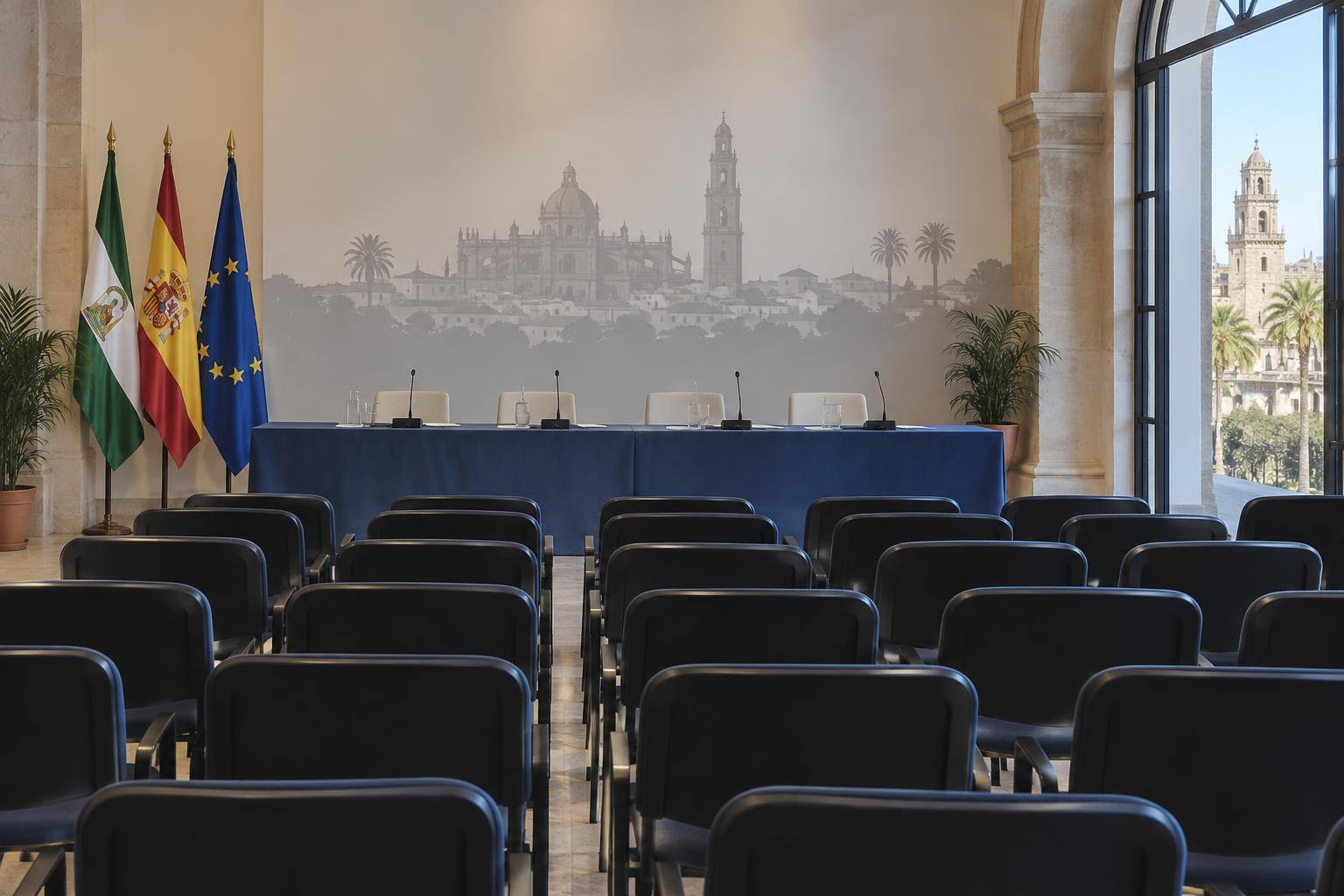 Imagen ilustrativa: Sala de conferencias con una mesa de ponencias, micrófonos y filas de sillas vacías, sin personas ni carteles identificables