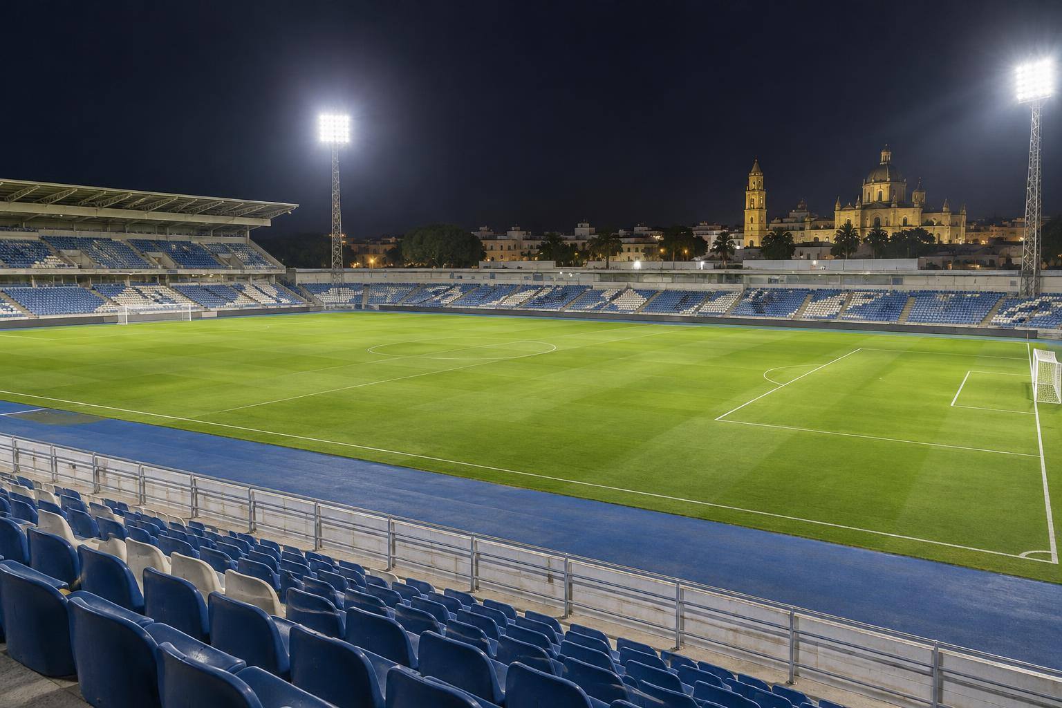 Imagen ilustrativa: Gradas vacías y terreno de juego de un estadio de fútbol bajo iluminación nocturna, sin personas reconocibles.