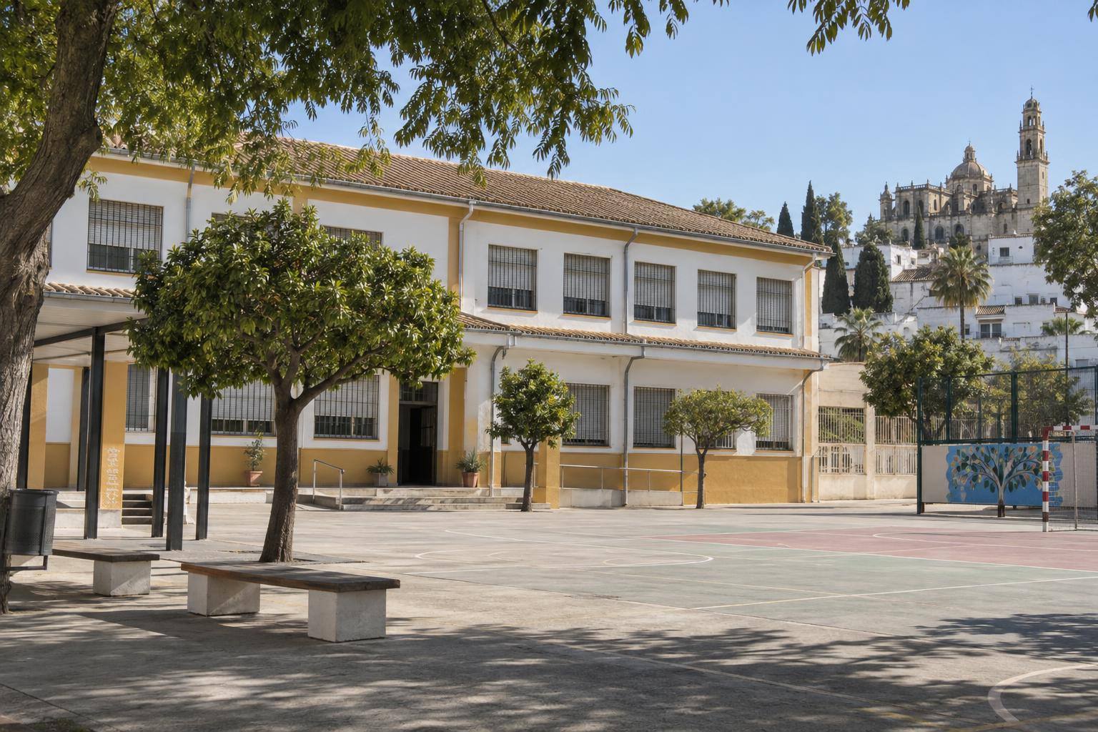 Imagen ilustrativa: Exterior de un colegio público con canalones, cubierta y patio arbolado, sin personas reconocibles