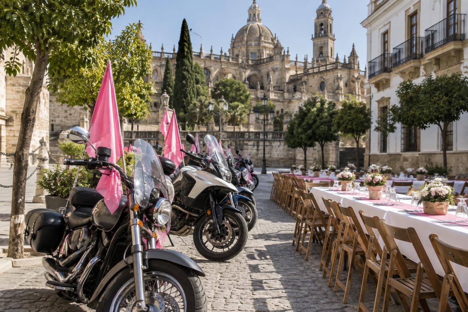 Imagen ilustrativa: Motocicletas estacionadas con banderas rosas junto a mesas preparadas para una convivencia al aire libre, sin personas reconocibles.