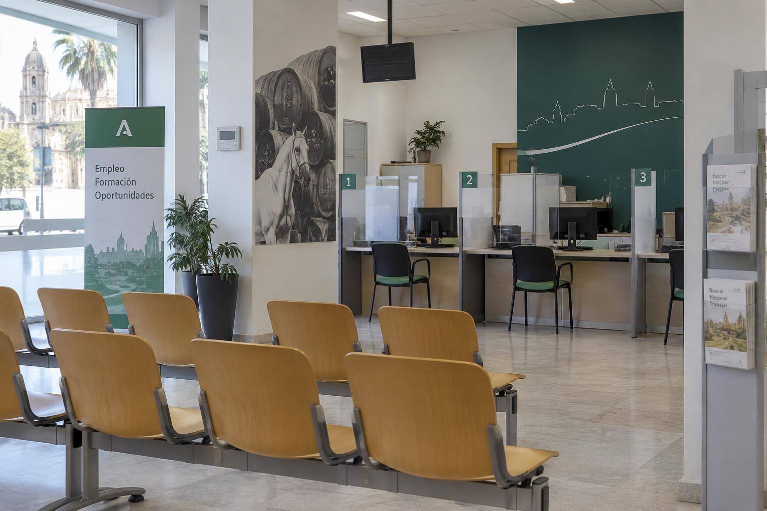 Imagen ilustrativa: Sala de espera de una oficina de empleo con sillas y mostradores de atención, sin personas reconocibles