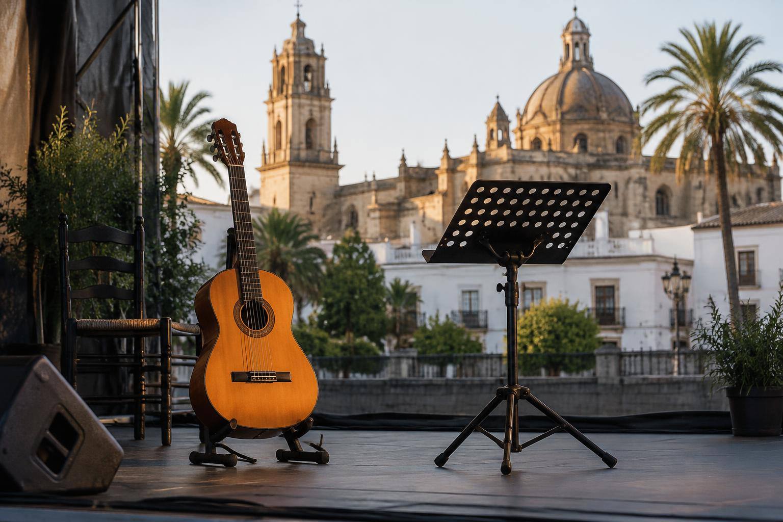 Imagen ilustrativa: Una guitarra flamenca sobre un soporte junto a un atril en un escenario sin personas.