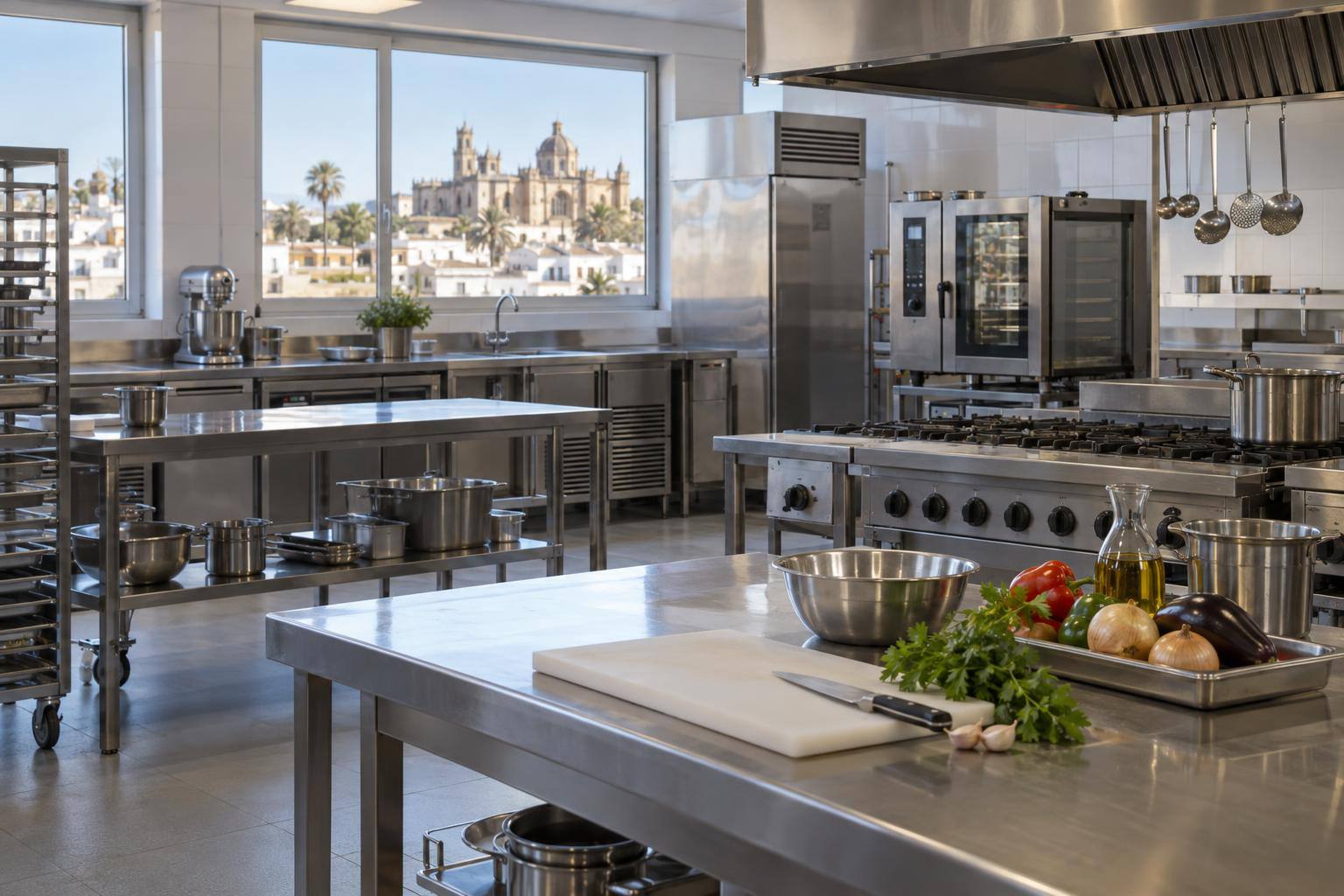 Imagen ilustrativa: Taller de cocina de un centro de formación profesional, con mesas de acero inoxidable, hornos y equipos de refrigeración, sin personas.