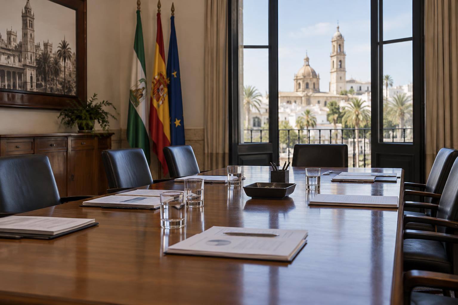 Imagen ilustrativa: Sala de reuniones con una mesa, sillas y documentos, sin personas ni logotipos identificables.