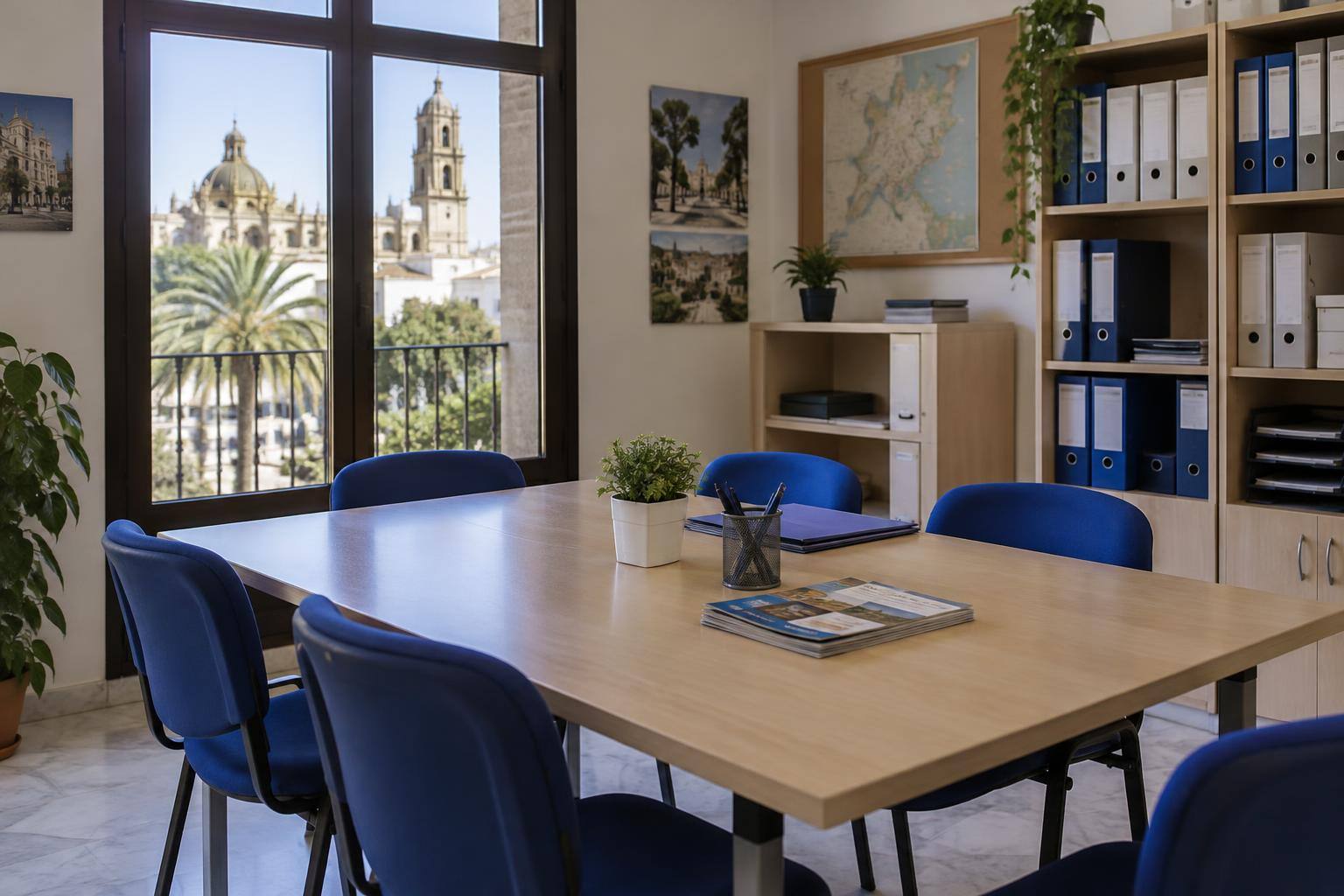 Imagen ilustrativa: Sala de atención social con una mesa de reuniones, sillas y estanterías con carpetas, sin personas ni datos personales visibles