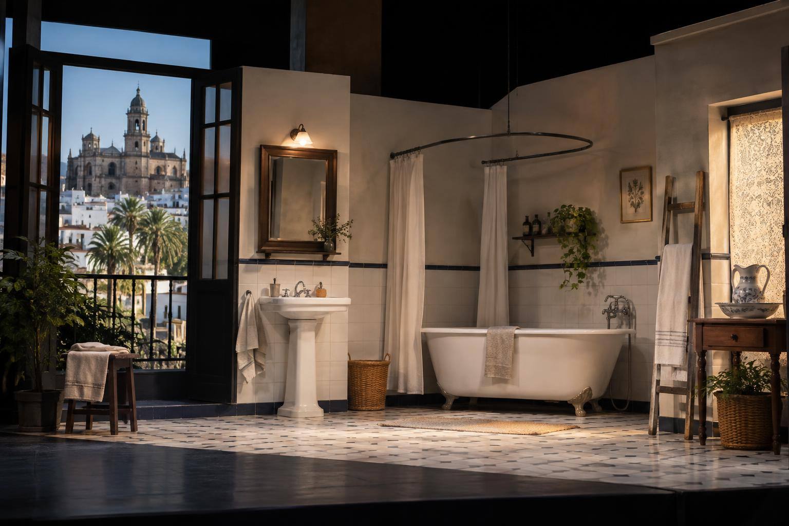 Imagen ilustrativa: Escenario teatral con una escenografía de cuarto de baño y objetos domésticos, sin personas.