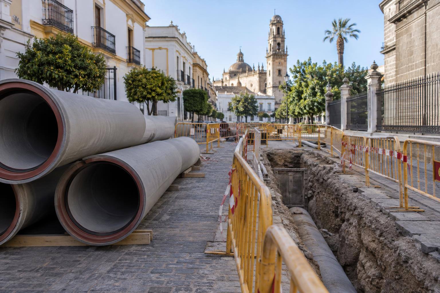 Imagen ilustrativa: Tuberías de saneamiento junto a una zanja vallada en una calle urbana, sin personas reconocibles.