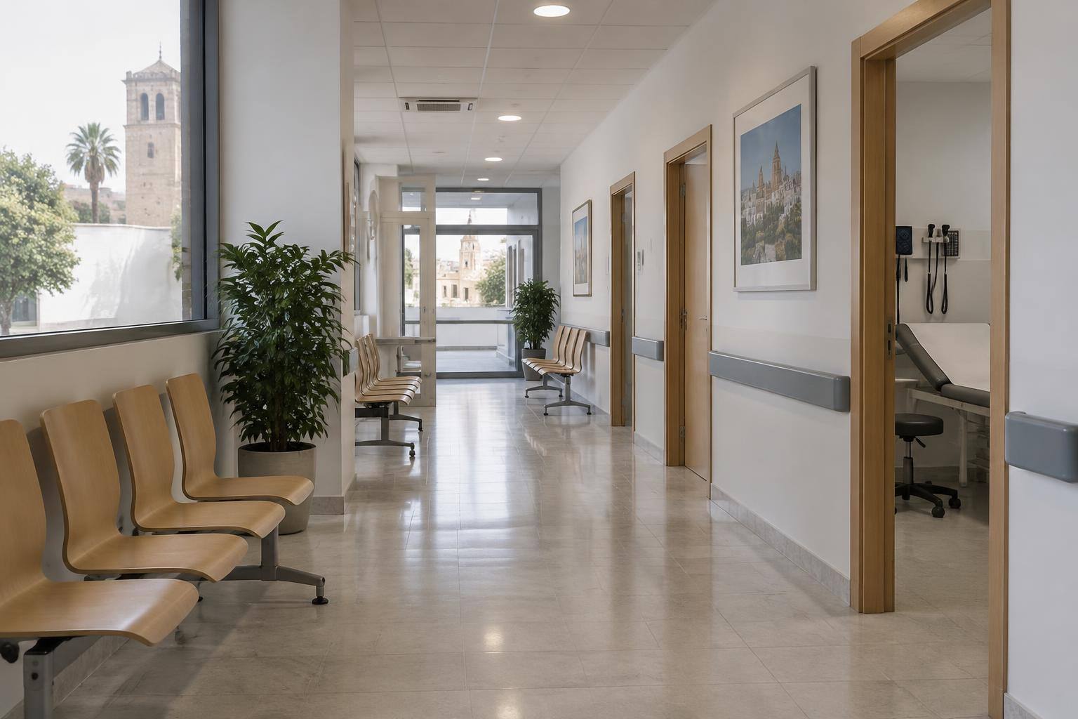 Imagen ilustrativa: Sala de espera de un centro de salud con sillas y puertas de consultas, sin personas reconocibles