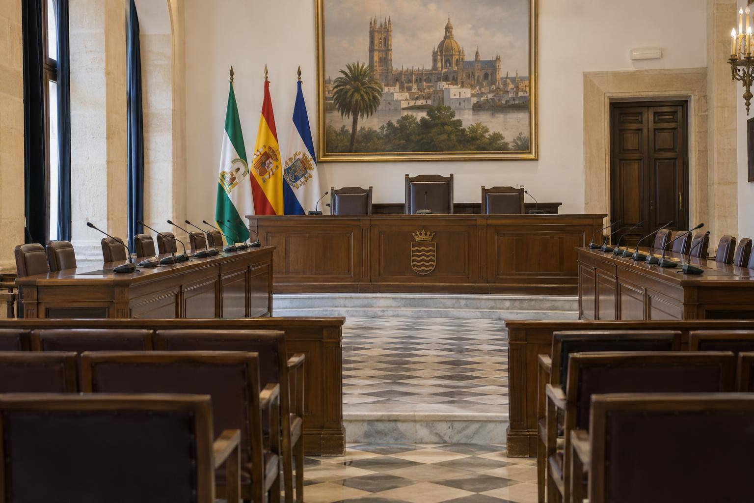 Imagen ilustrativa: Salón de plenos municipal vacío, con bancos y micrófonos, sin personas ni símbolos de partidos.