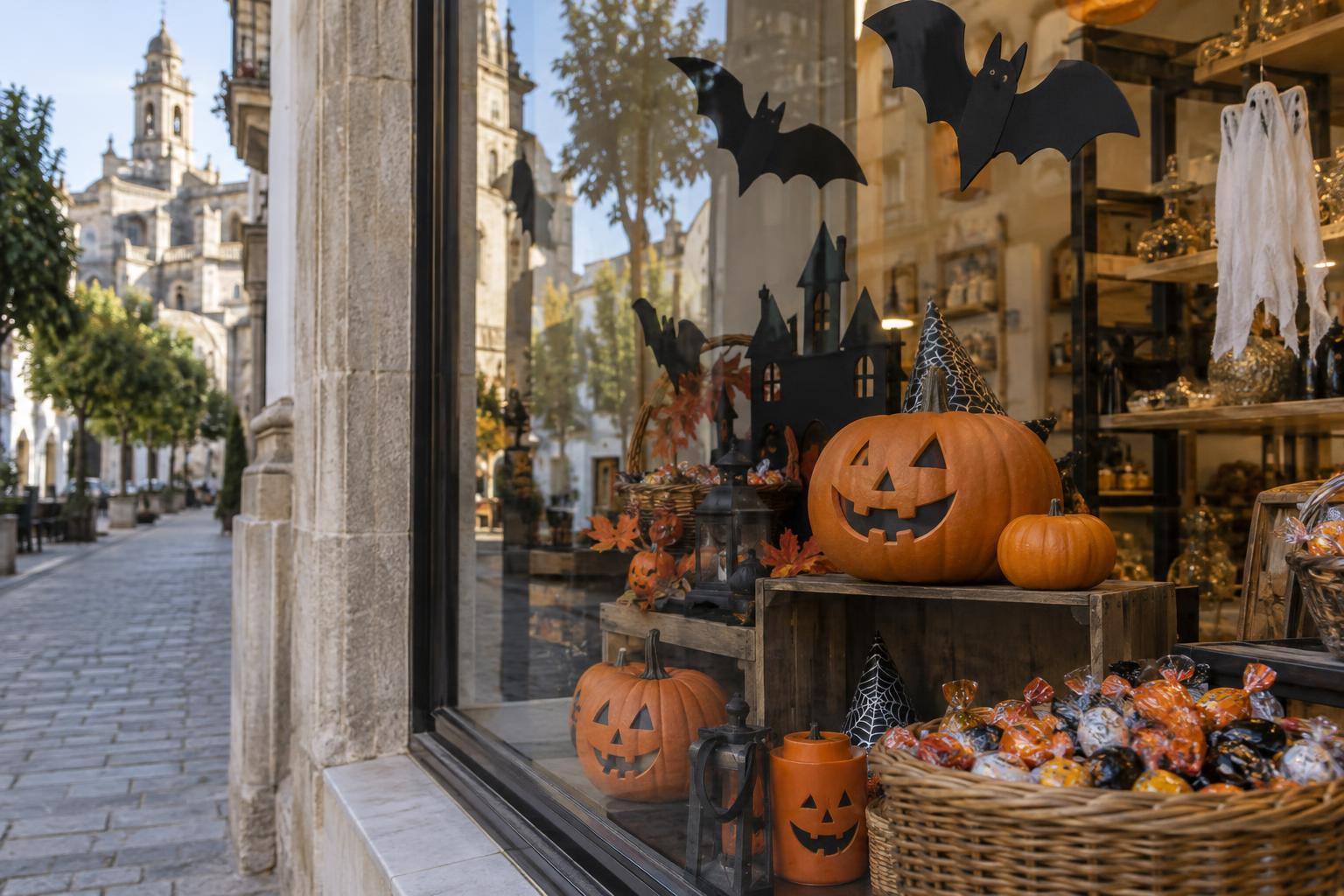 Imagen ilustrativa: Escaparate comercial decorado con calabazas, murciélagos de papel y cestas de caramelos, sin personas reconocibles.