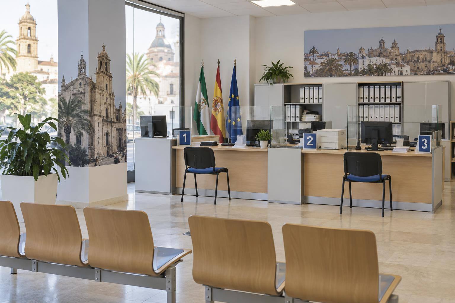 Imagen ilustrativa: Zona de atención al público de una oficina administrativa, con mostradores, sillas de espera y mobiliario de archivo, sin personas reconocibles.