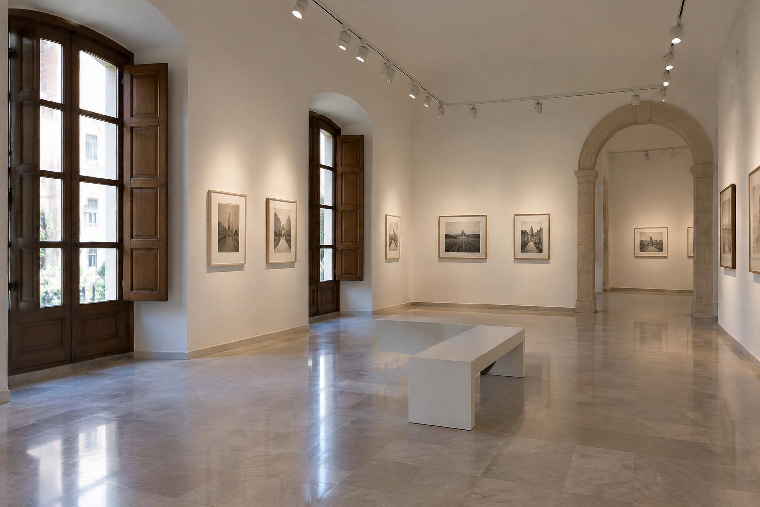 Imagen ilustrativa: Interior de una sala de exposiciones vacía, con paredes blancas, iluminación de techo y ventanas de madera, sin personas ni elementos identificativos.