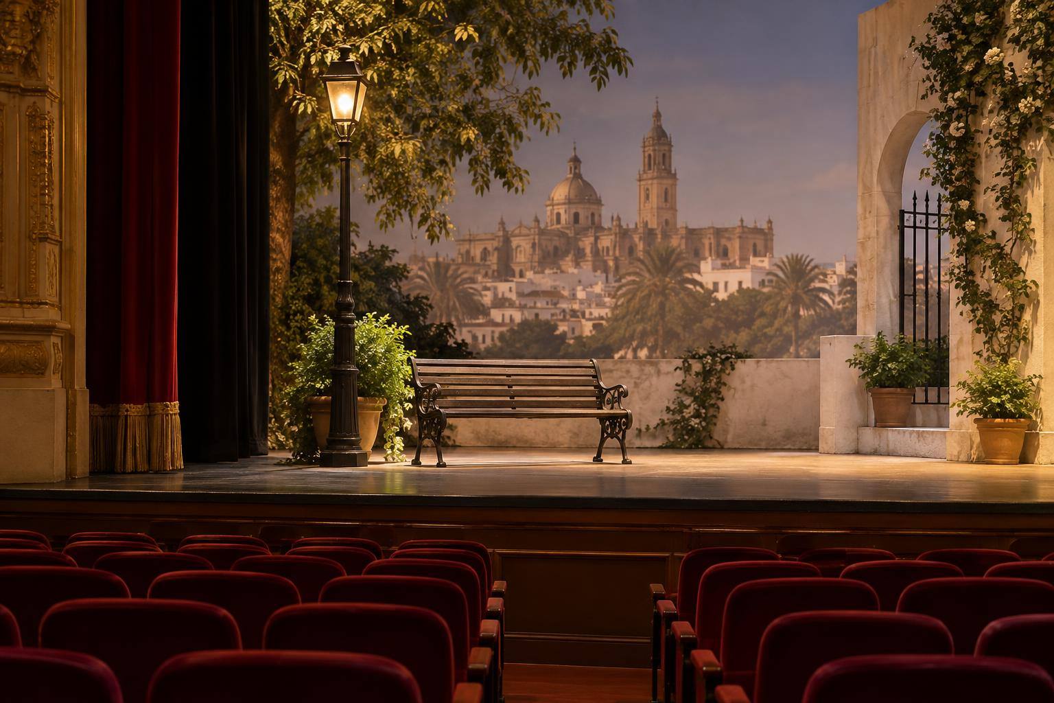 Imagen ilustrativa: Escenario teatral con un banco de jardín como decorado, iluminación cálida y filas de butacas vacías, sin personas.