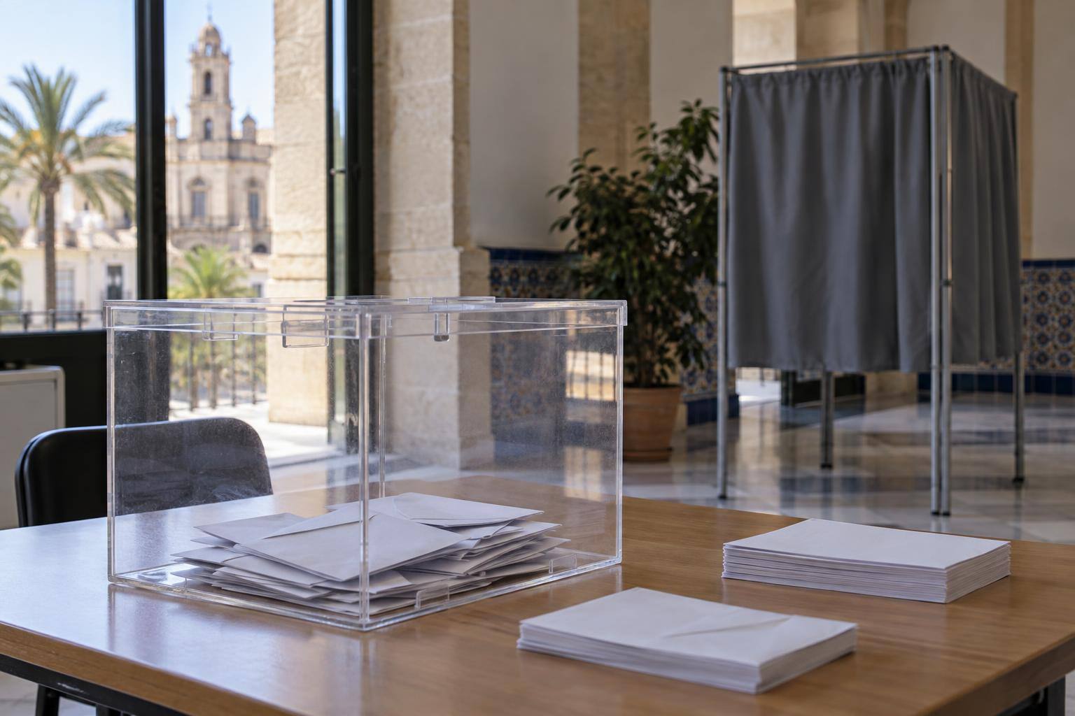 Imagen ilustrativa: Urna electoral transparente sobre una mesa, con sobres y una cabina de votación al fondo, sin personas ni símbolos de partidos