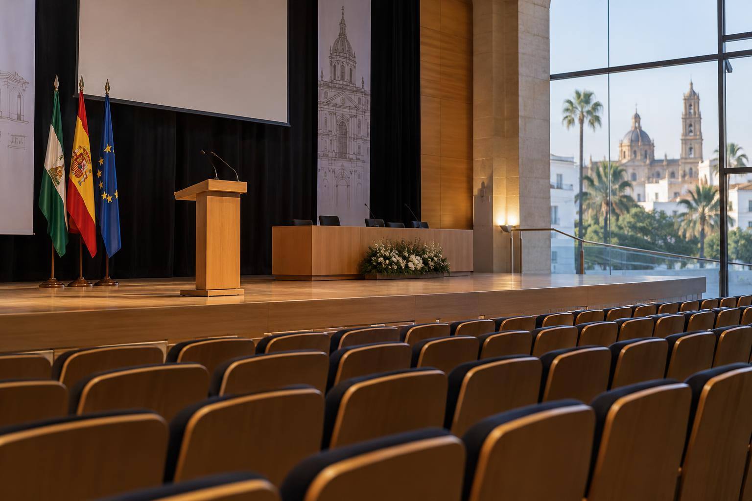 Imagen ilustrativa: Interior de un auditorio con atril, escenario y filas de butacas, sin personas reconocibles.