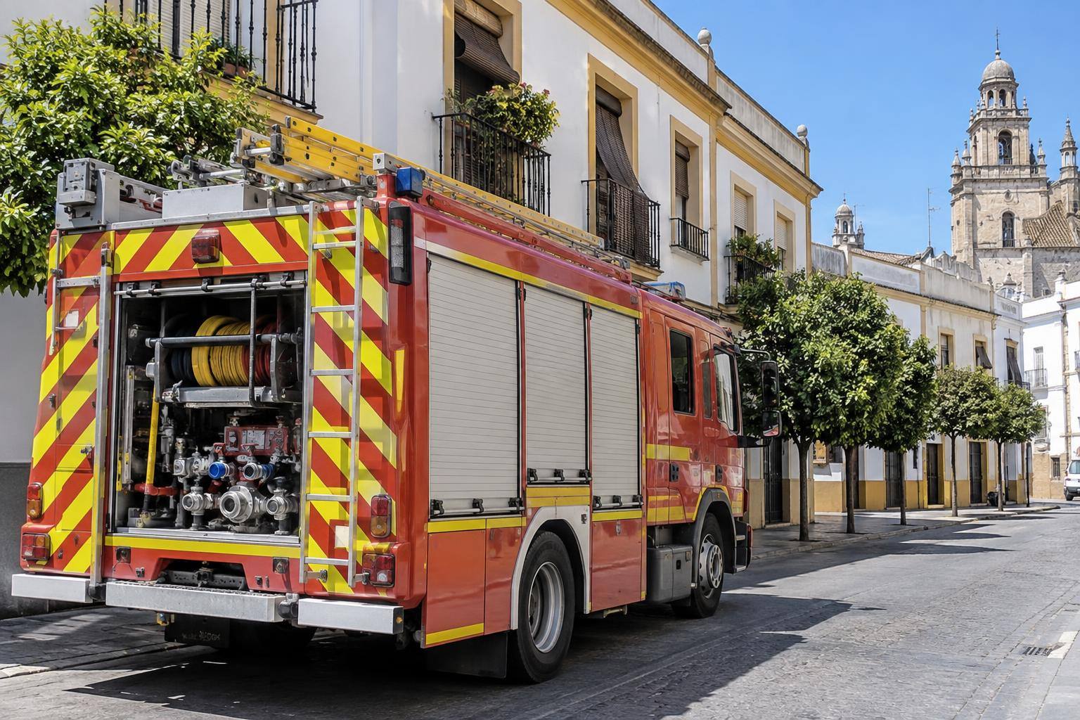 Imagen ilustrativa: Vehículo de bomberos estacionado en una calle urbana junto a un edificio residencial de dos plantas, sin personas reconocibles.