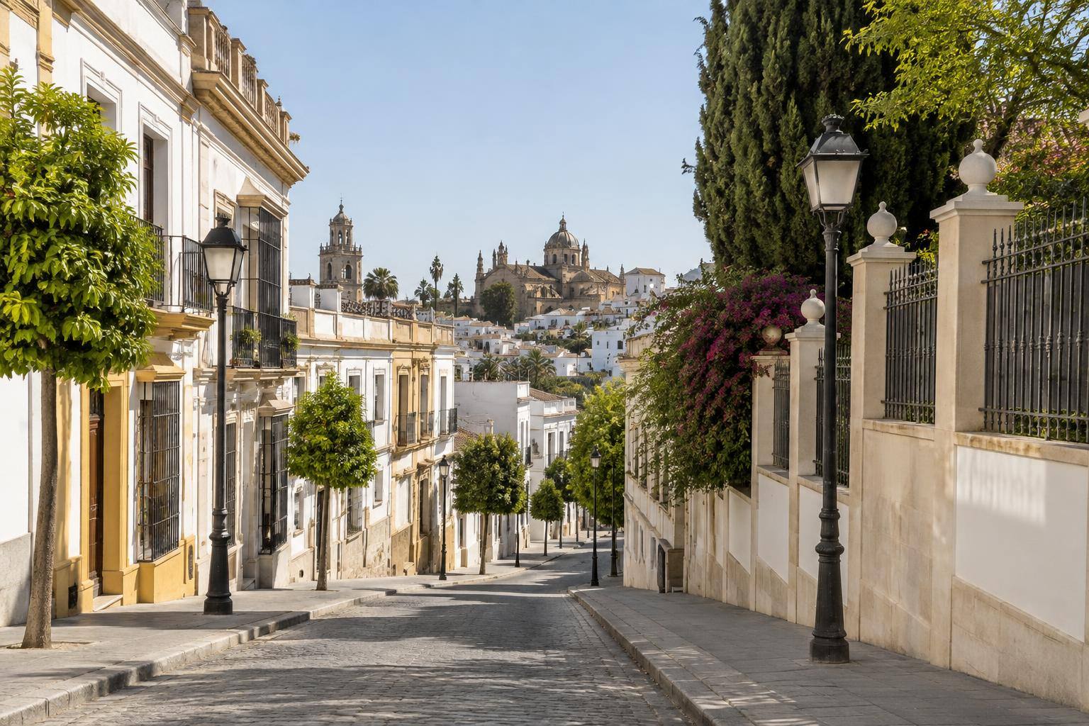 Imagen ilustrativa: Calle residencial con aceras, farolas y barandillas, sin personas reconocibles