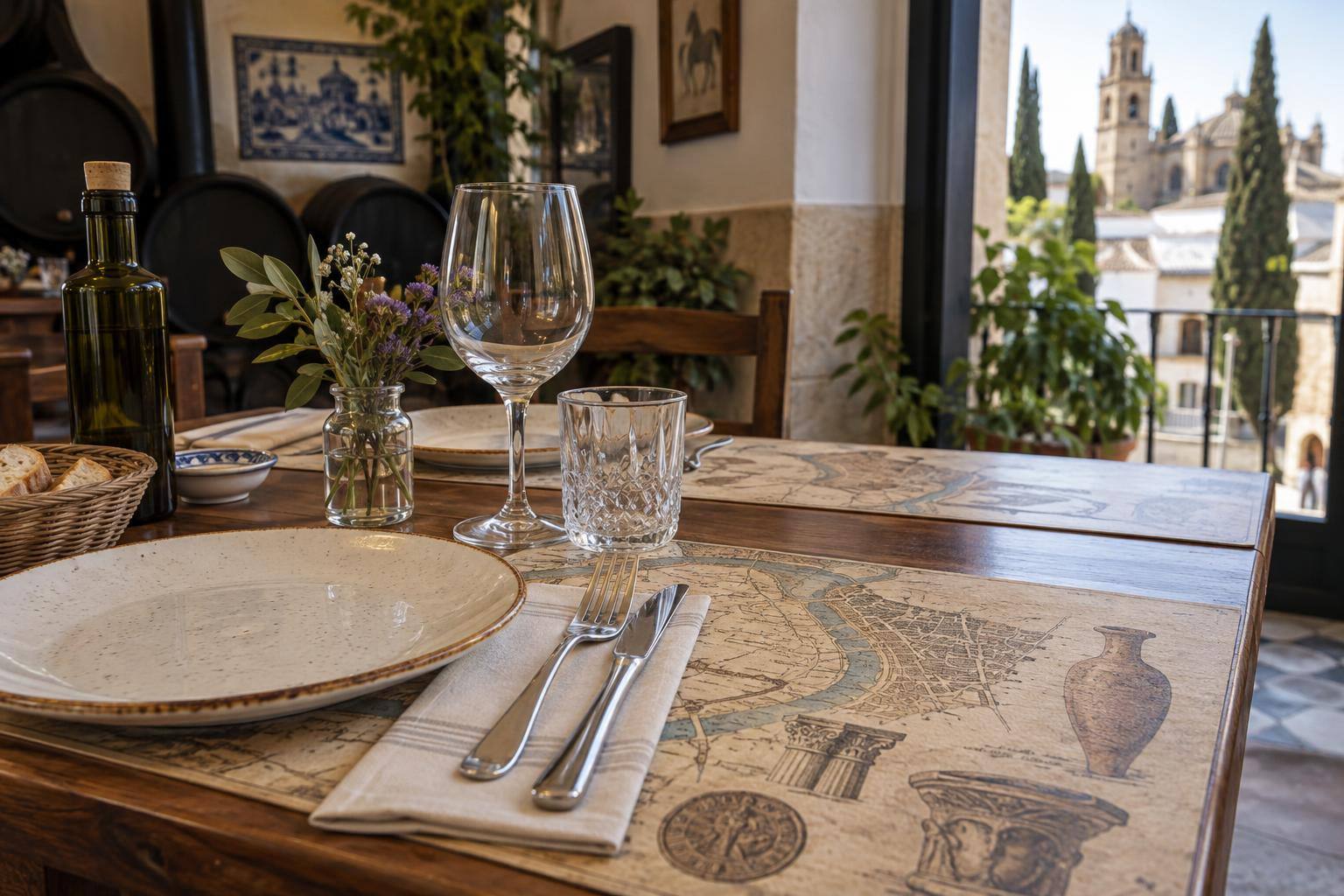 Imagen ilustrativa: Mesa de un restaurante con vajilla y un salvamantel ilustrado con cartografía histórica y motivos arqueológicos, sin personas.