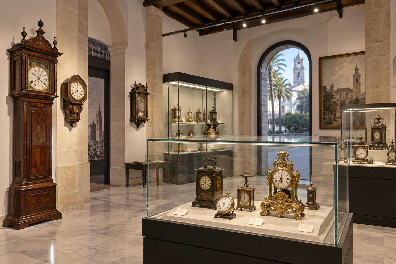 Imagen ilustrativa: Sala de museo con una colección de relojes antiguos de distintas formas y tamaños, sin personas reconocibles.