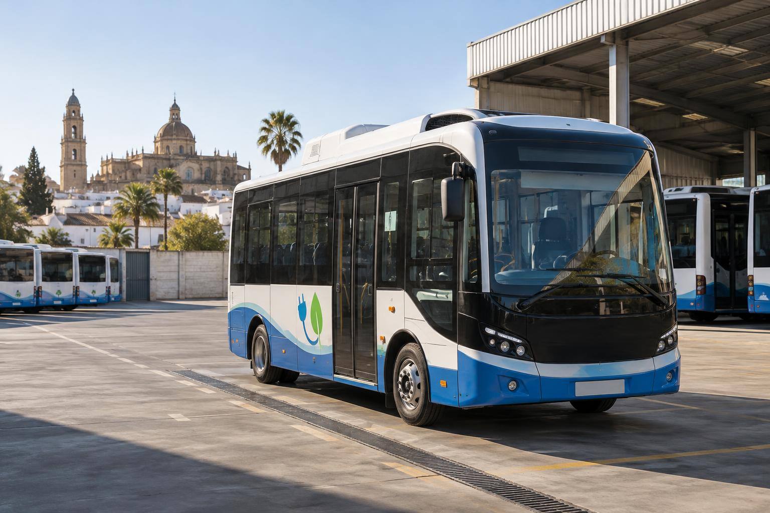Imagen ilustrativa: Microbús eléctrico estacionado en unas cocheras de transporte urbano, sin personas reconocibles.