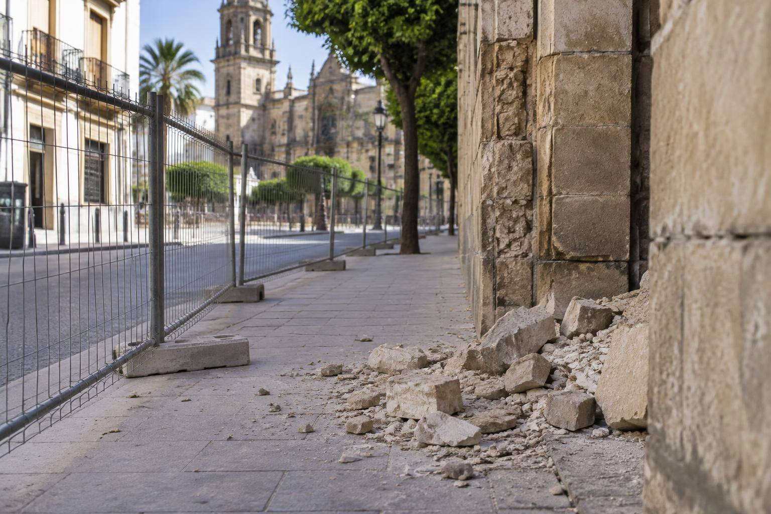 Imagen ilustrativa: Acera urbana con restos de mampostería junto a un muro y un cerramiento de vallas, sin personas reconocibles.