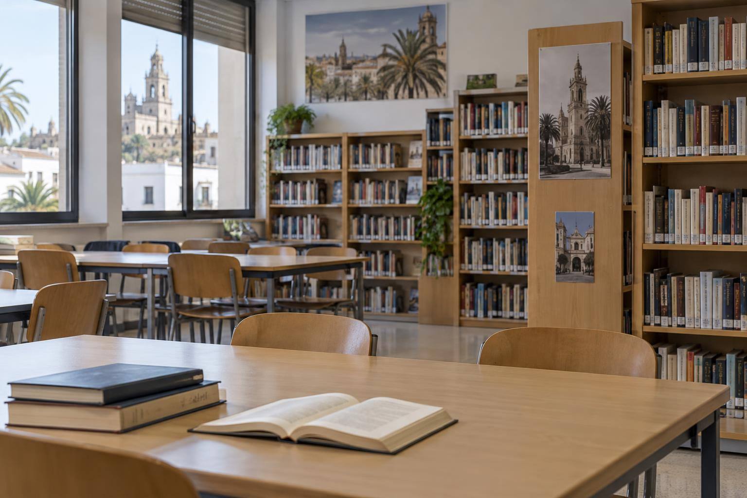 Imagen ilustrativa: Interior de una biblioteca de instituto con estanterías de libros, mesas de lectura y sillas, sin personas.
